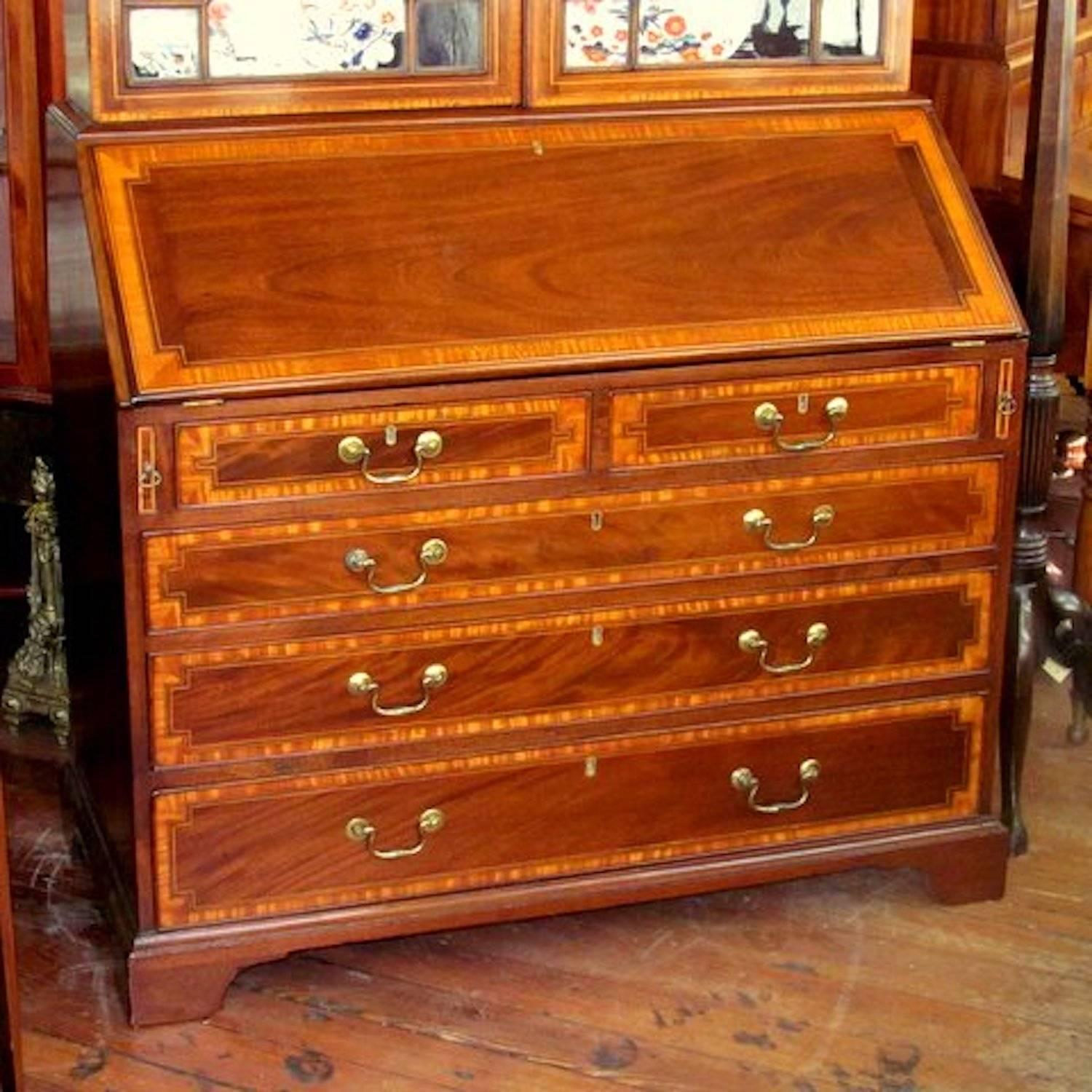 Brass Antique English George IV Satinwood Inlaid Mahogany Bureau Bookcase/Secretary