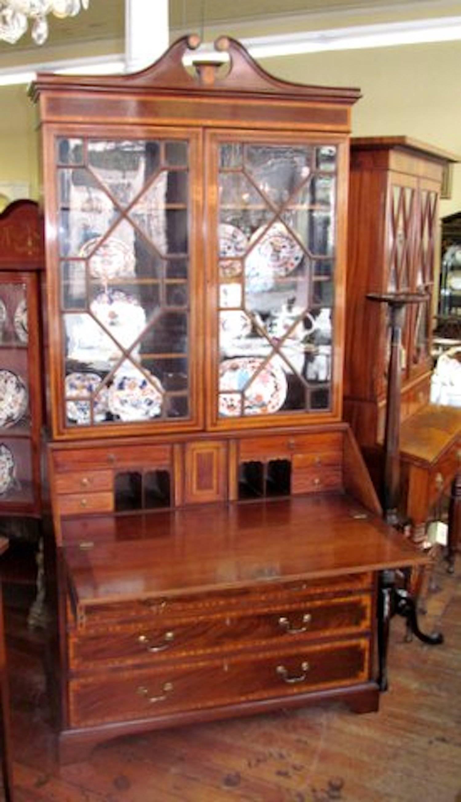 Chippendale Antique English George IV Satinwood Inlaid Mahogany Bureau Bookcase/Secretary
