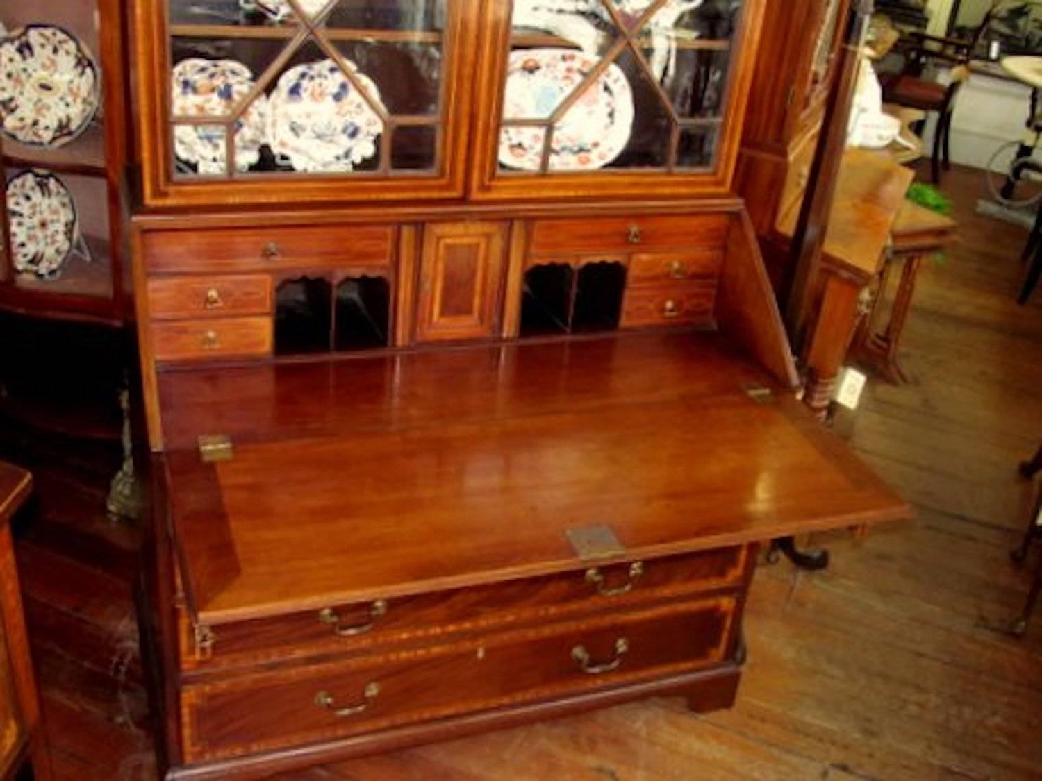 Antique English George IV Satinwood Inlaid Mahogany Bureau Bookcase/Secretary In Excellent Condition In Charleston, SC
