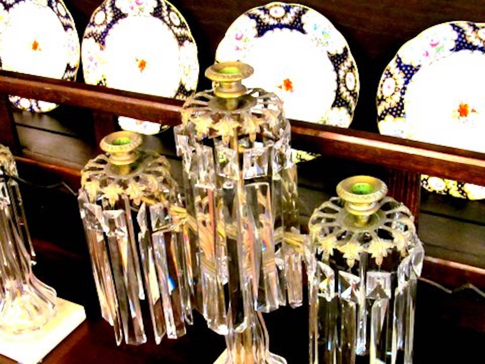 Suite of Three Antique French Brass and Panel Cut Crystal Garniture Set In Good Condition For Sale In Charleston, SC