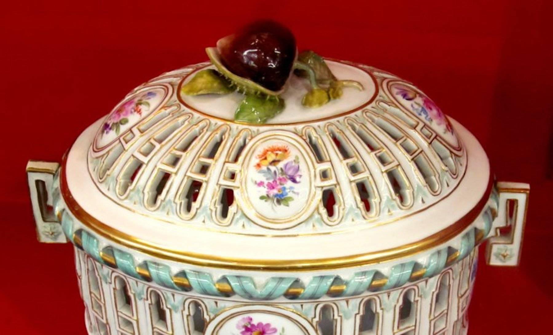 German Antique Dresden or Meissen Hand-Painted Porcelain Chestnut Basket or Tureen