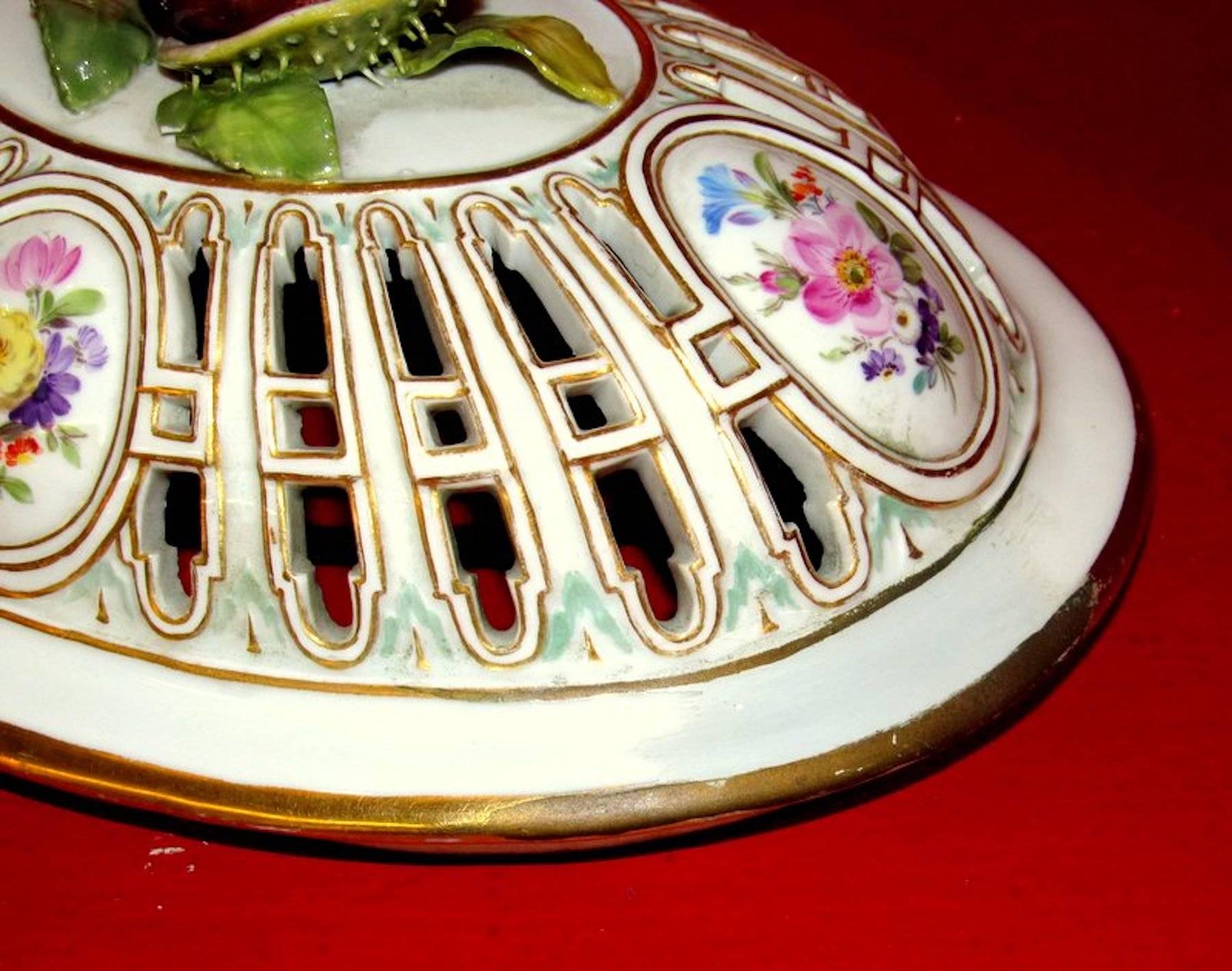 19th Century Antique Dresden or Meissen Hand-Painted Porcelain Chestnut Basket or Tureen