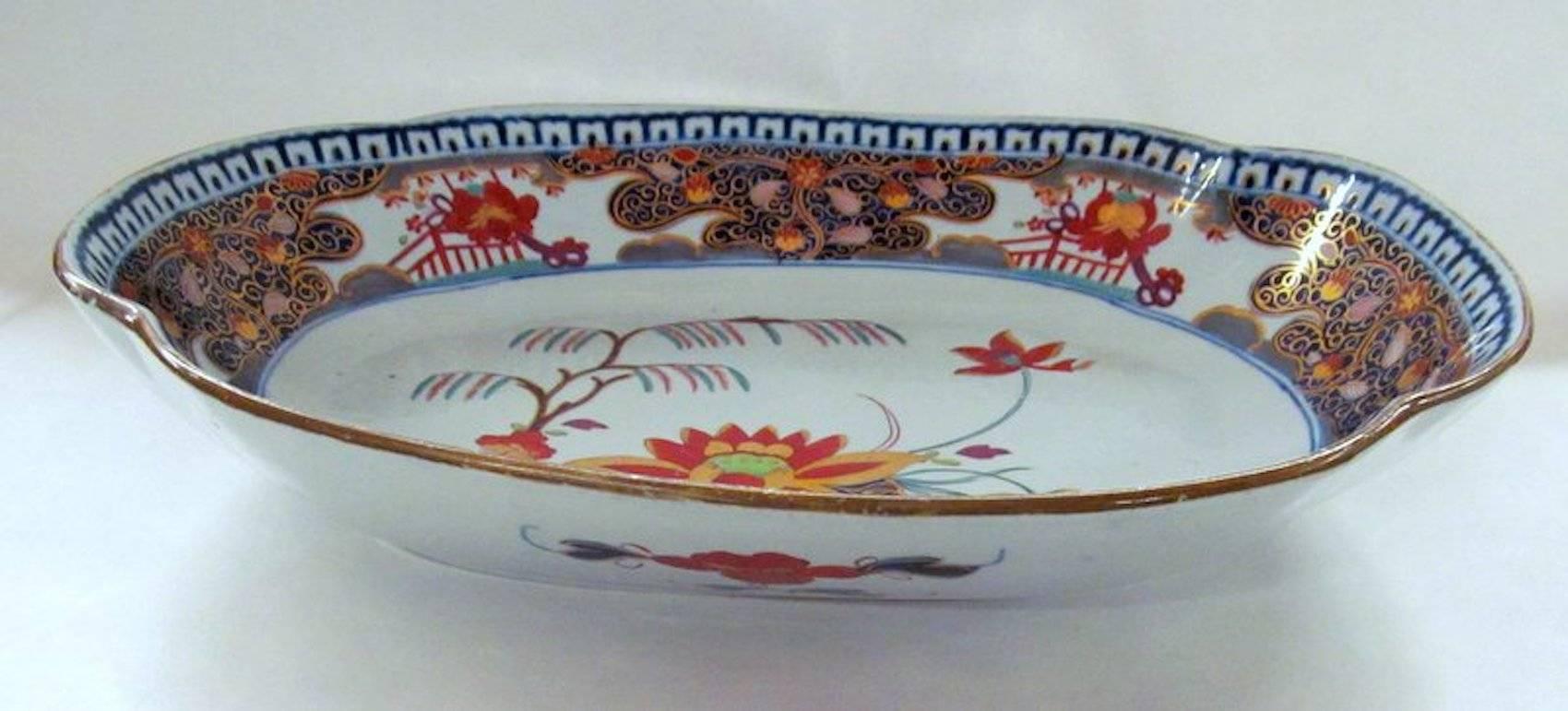 Very rare Antique English Turner's Patent ironstone large oval Imari bowl in the Water Lily and Willow pattern;    As illustrated on pg. 330 of G. Godden's 