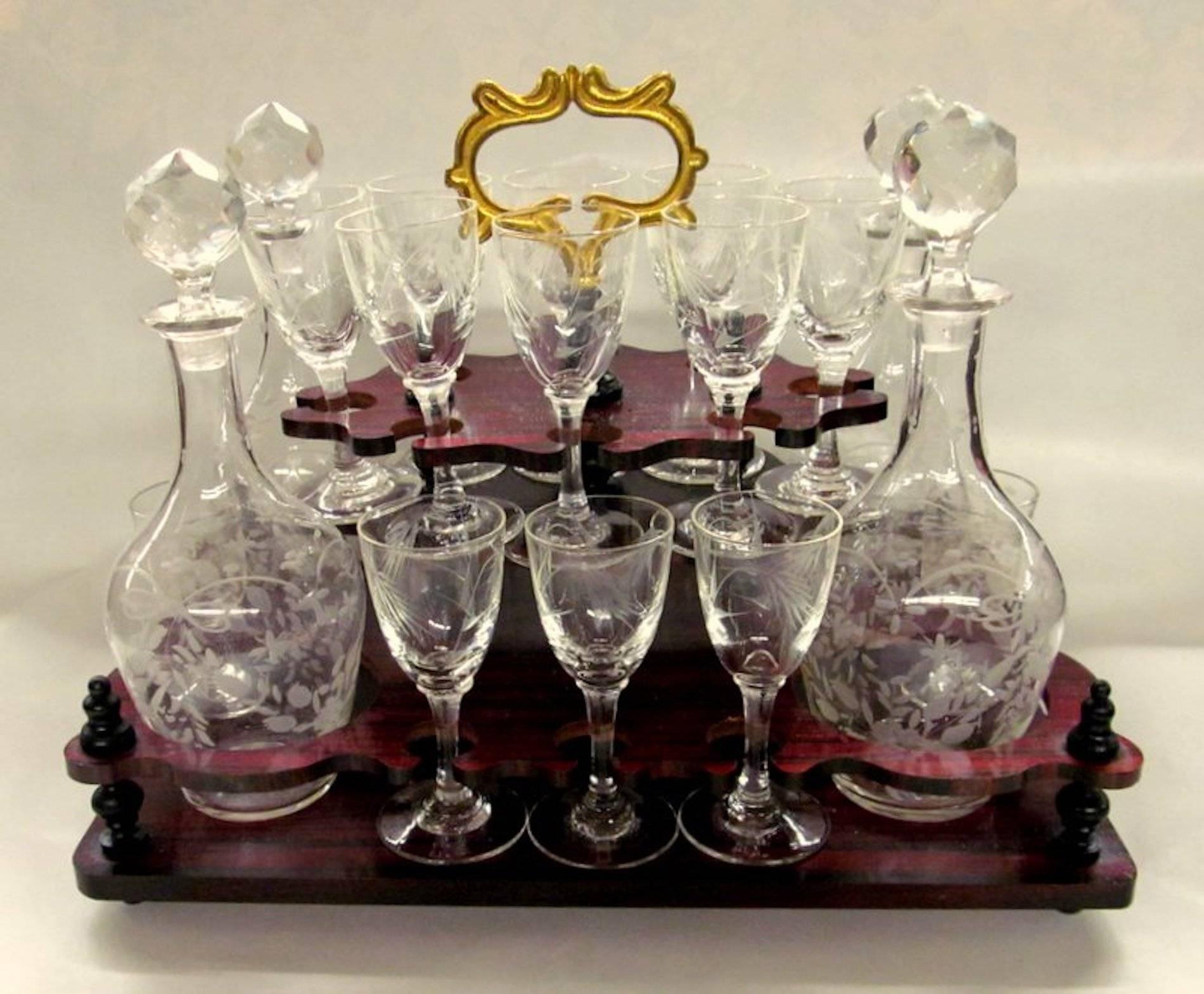 Brass Antique French Inlaid Amboyna & Rosewood Cave a' Liqueur Engraved Tantalus Set