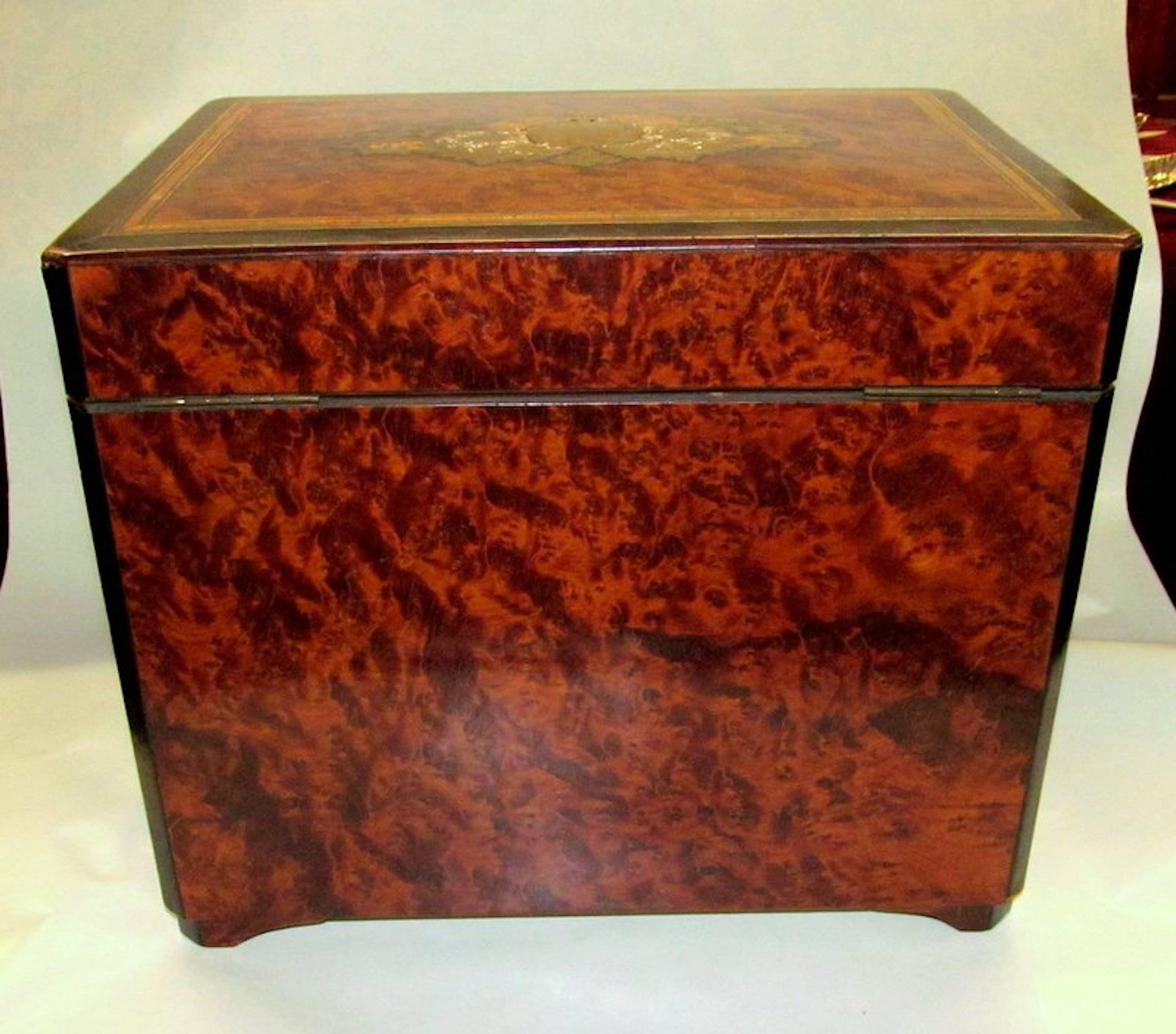 19th Century Antique French Inlaid Amboyna & Rosewood Cave a' Liqueur Engraved Tantalus Set