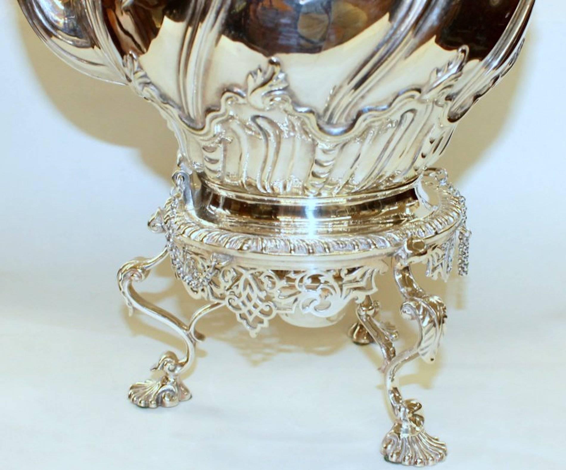 19th Century Antique English Hand Chased Sheffield Silver Plate Rococo Style Kettle on Stand