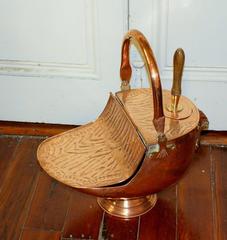 Antique English Rare Helmut Shape Hand Chased Copper Coal Scuttle with Shovel
