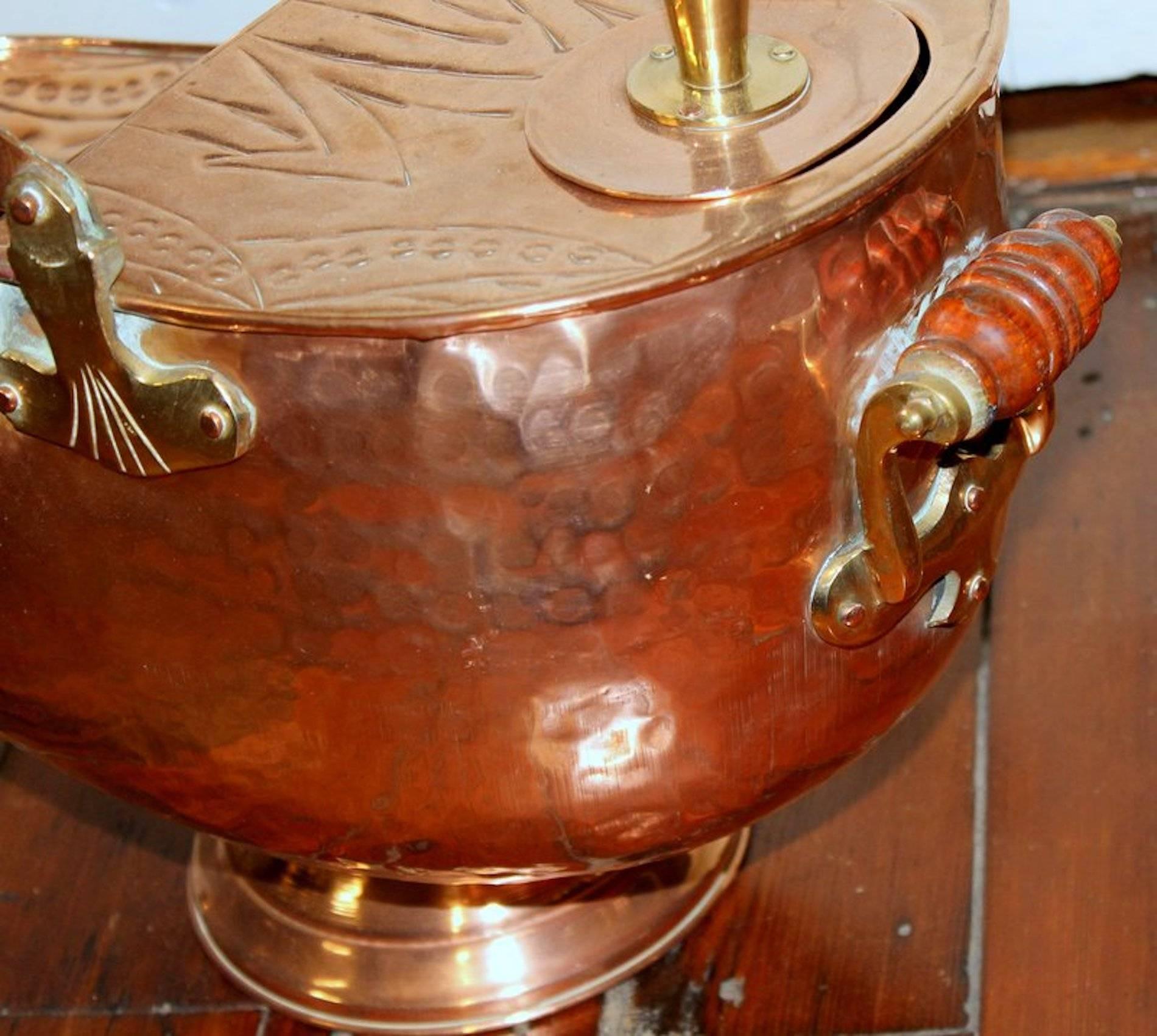 Antique English Rare Helmut Shape Hand Chased Copper Coal Scuttle with Shovel 1