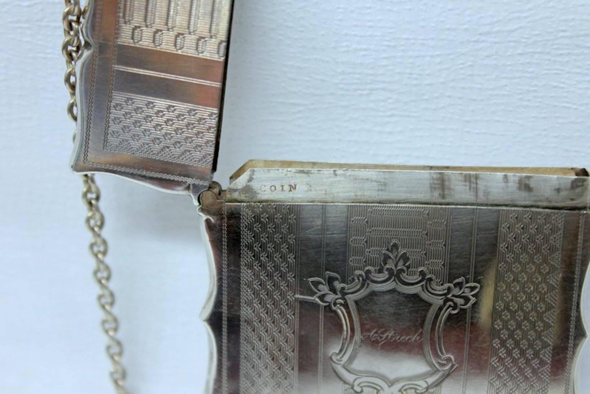 Antique American Coin Silver Hand Engraved Card Case with Chatelaine For Sale 4