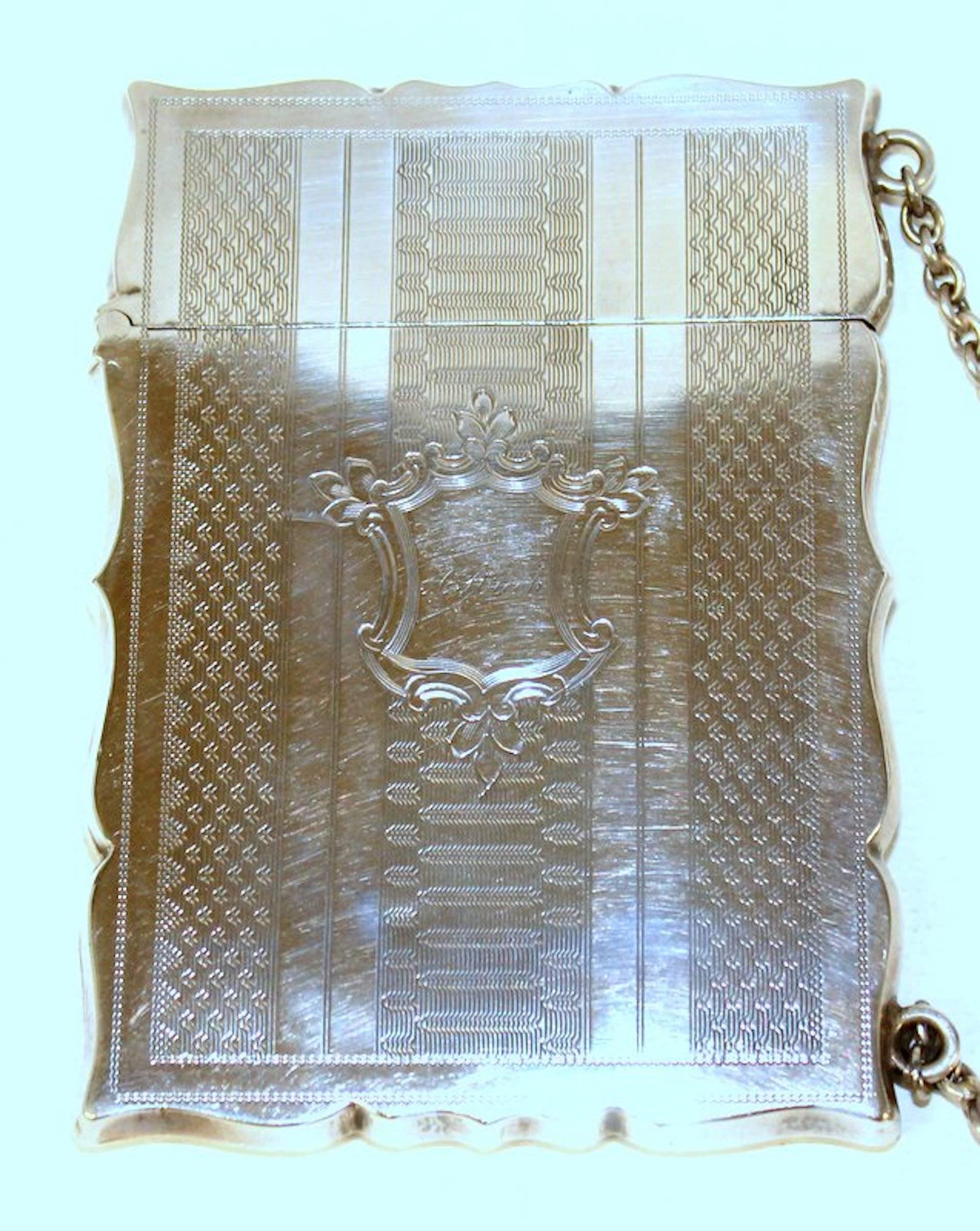 Antique American coin silver hand engraved chatelaine card case with original chatelaine (chain). Marked 