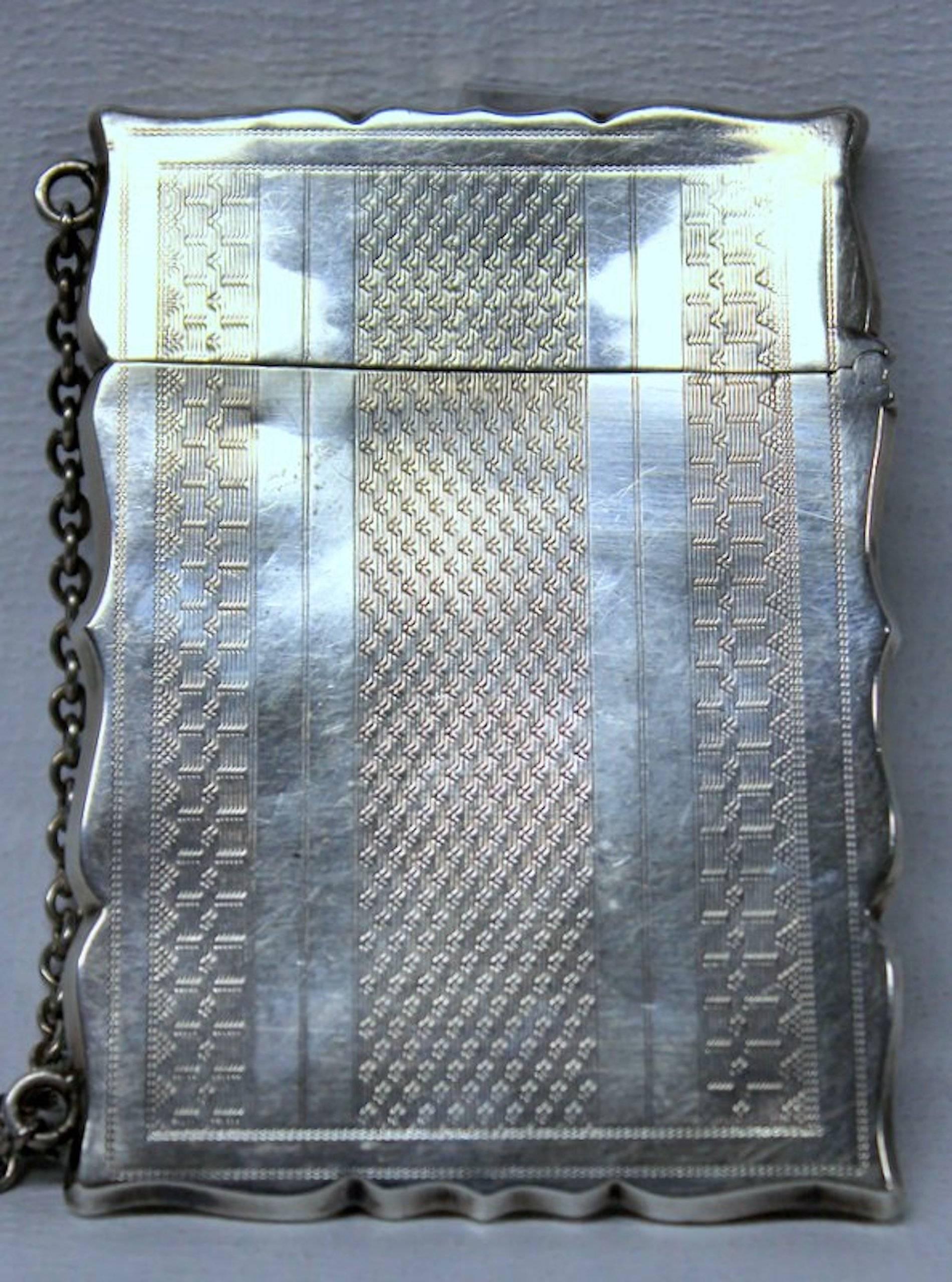 Antique American Coin Silver Hand Engraved Card Case with Chatelaine In Excellent Condition For Sale In Charleston, SC