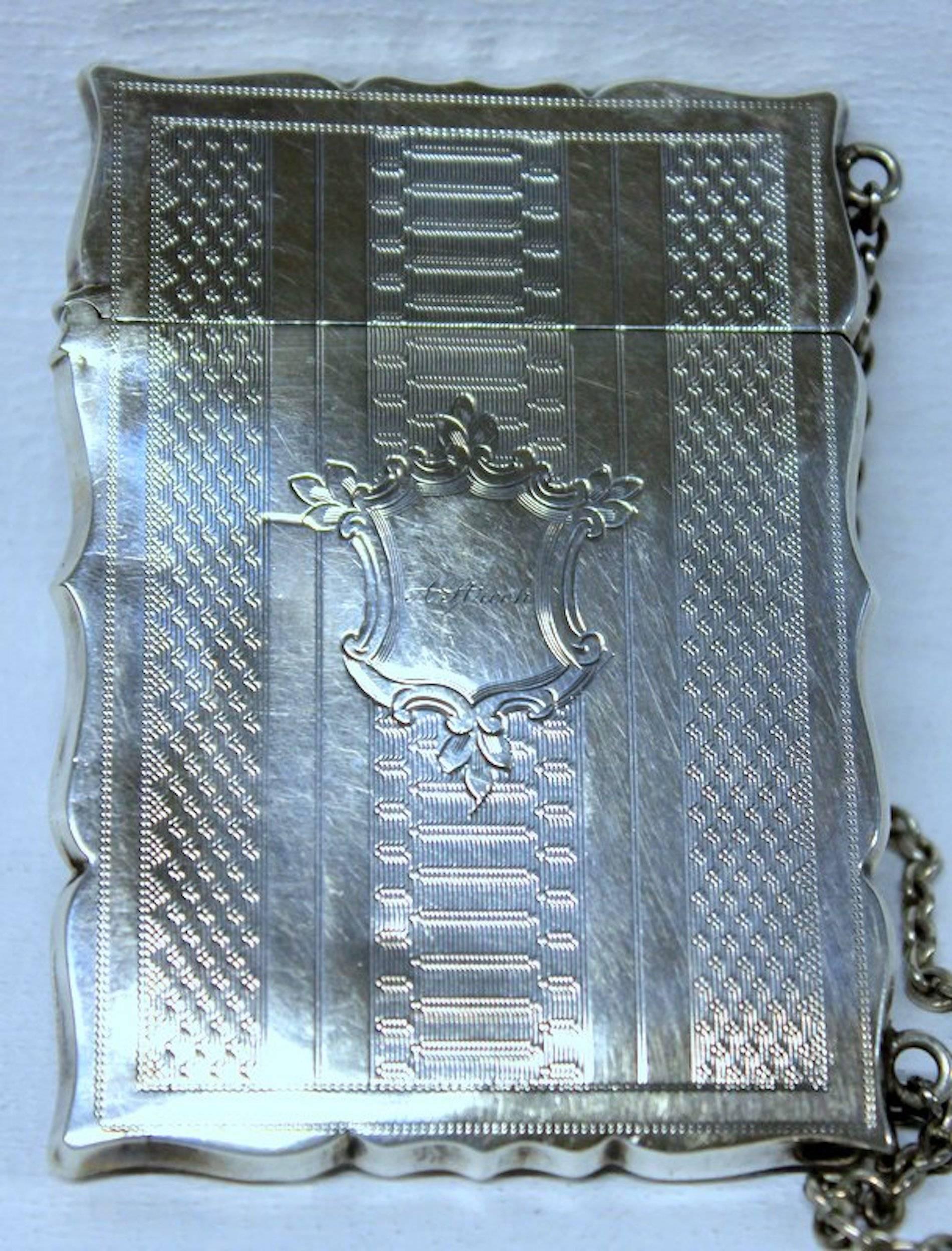 Antique American Coin Silver Hand Engraved Card Case with Chatelaine For Sale 1