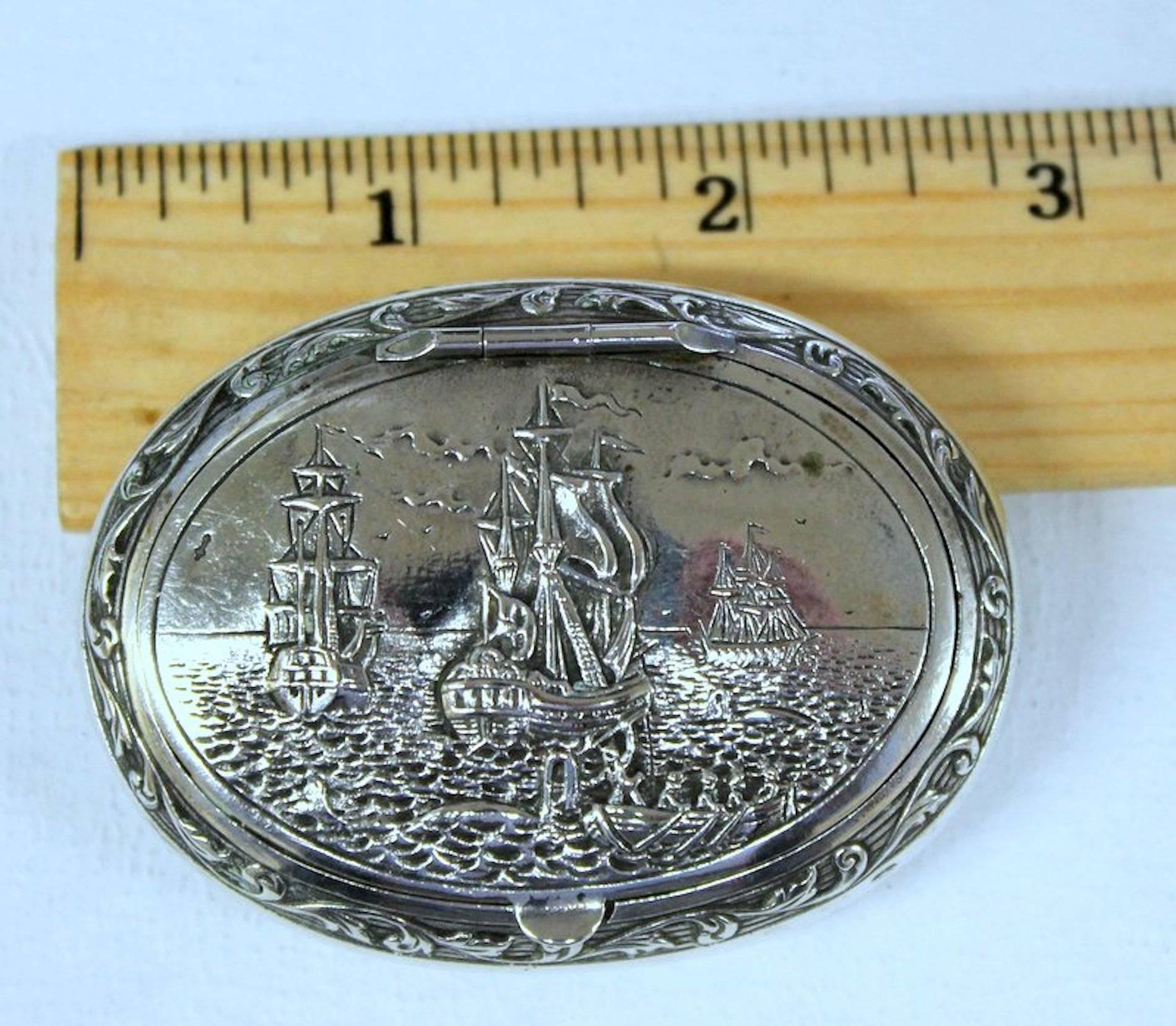 Antique Dutch .833 Fine Silver Hand Chased Snuff Box, Sailing Ships Motif 1