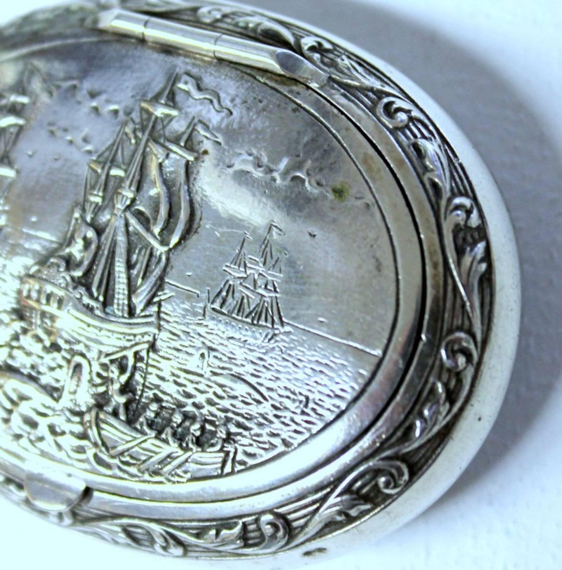 Antique Dutch .833 Fine Silver Hand Chased Snuff Box, Sailing Ships Motif 3
