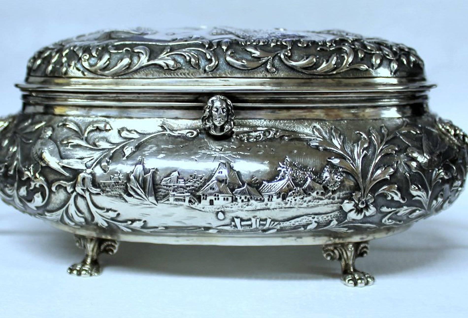 Hand-Crafted Large Antique Dutch .833 Fine Silver Hand Chased Cushion Shape Casket or Box