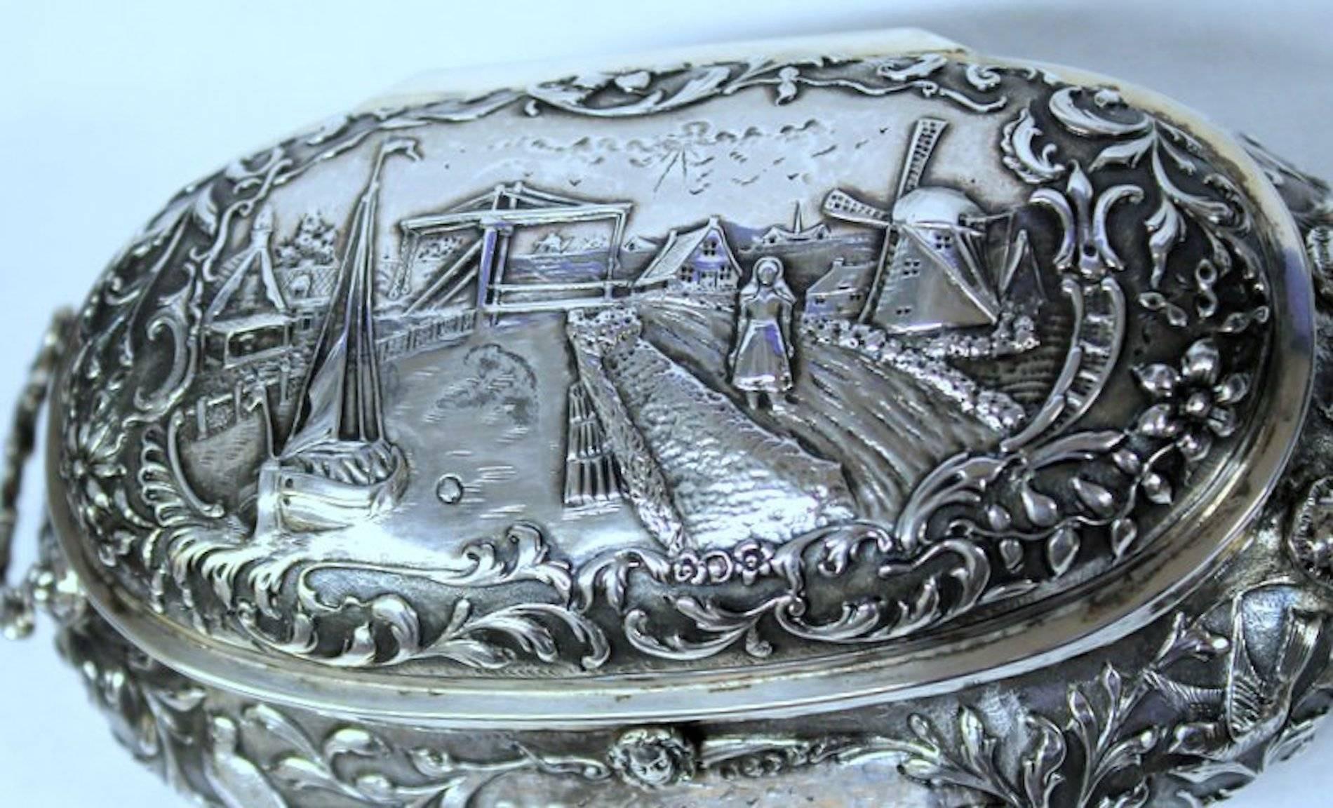 19th Century Large Antique Dutch .833 Fine Silver Hand Chased Cushion Shape Casket or Box