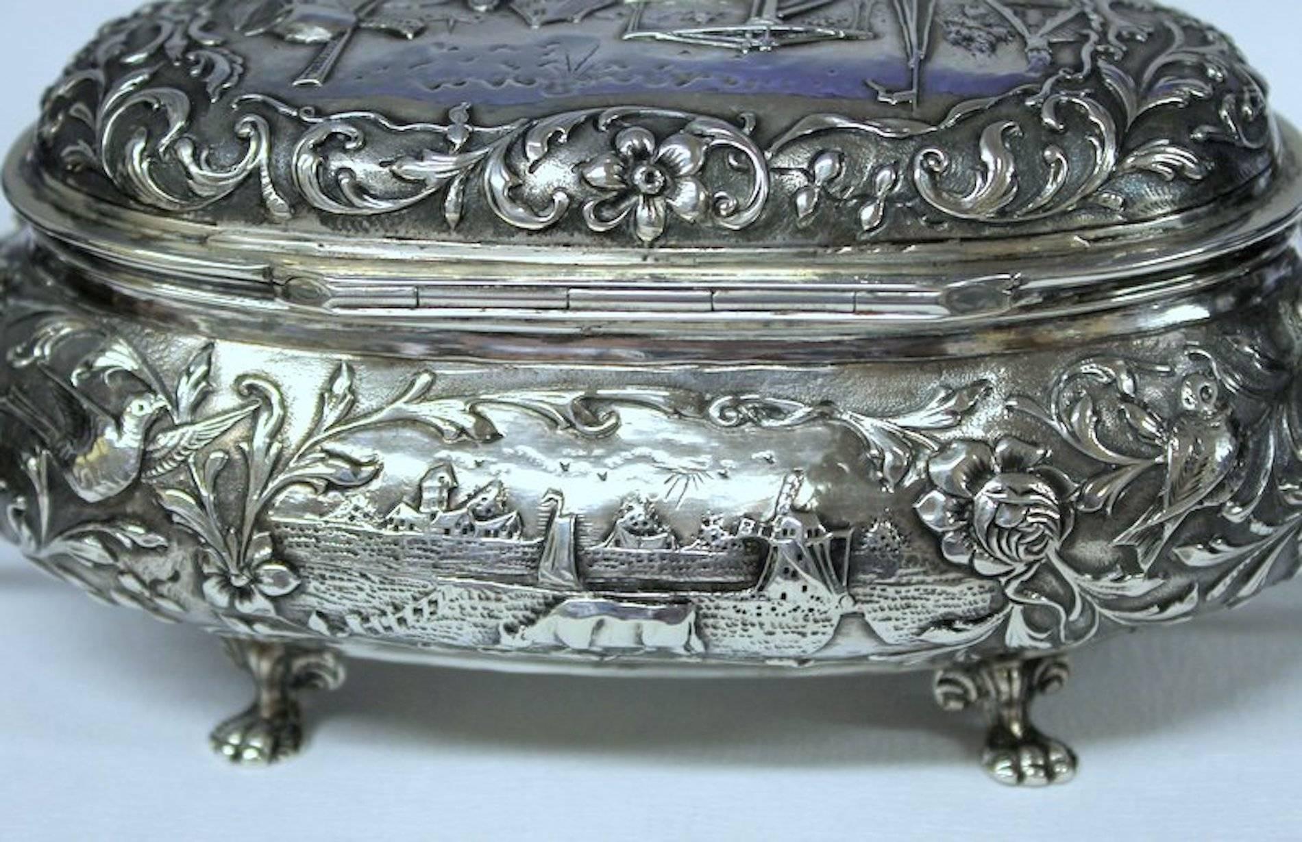 Large Antique Dutch .833 Fine Silver Hand Chased Cushion Shape Casket or Box 2