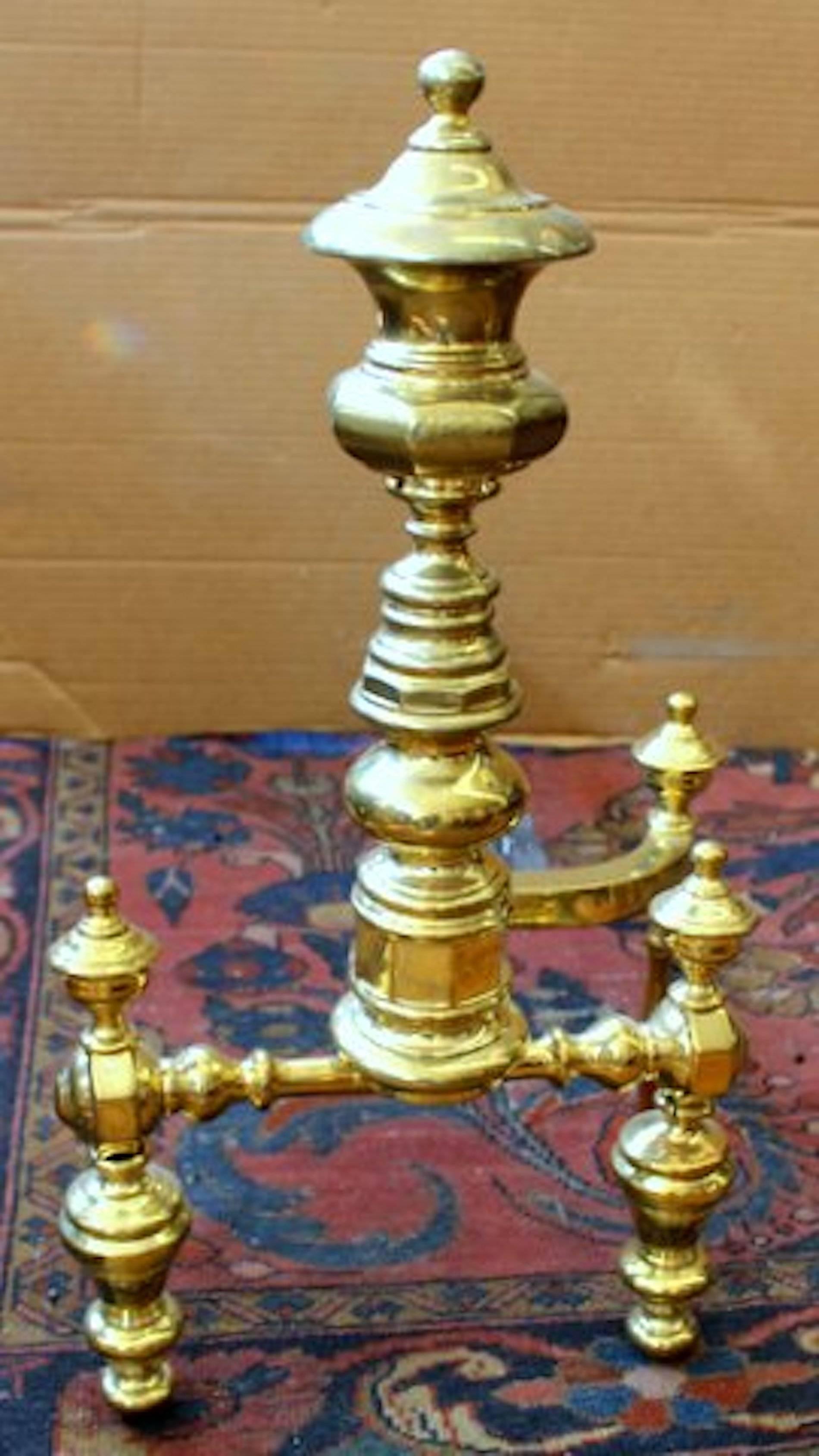 Pair of Antique American Large Federal Style Solid Brass Andirons, NY Attributed 1