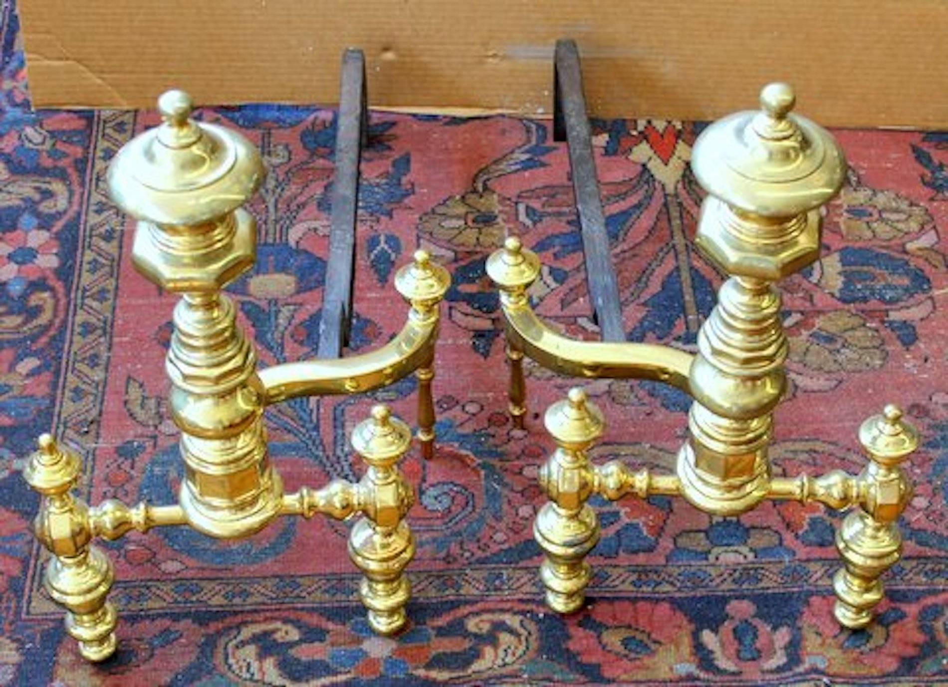 Fabulous pair of antique American large Federal style solid brass andirons, attributed to being New York made. Fabulous quality and professionally polished just recently.