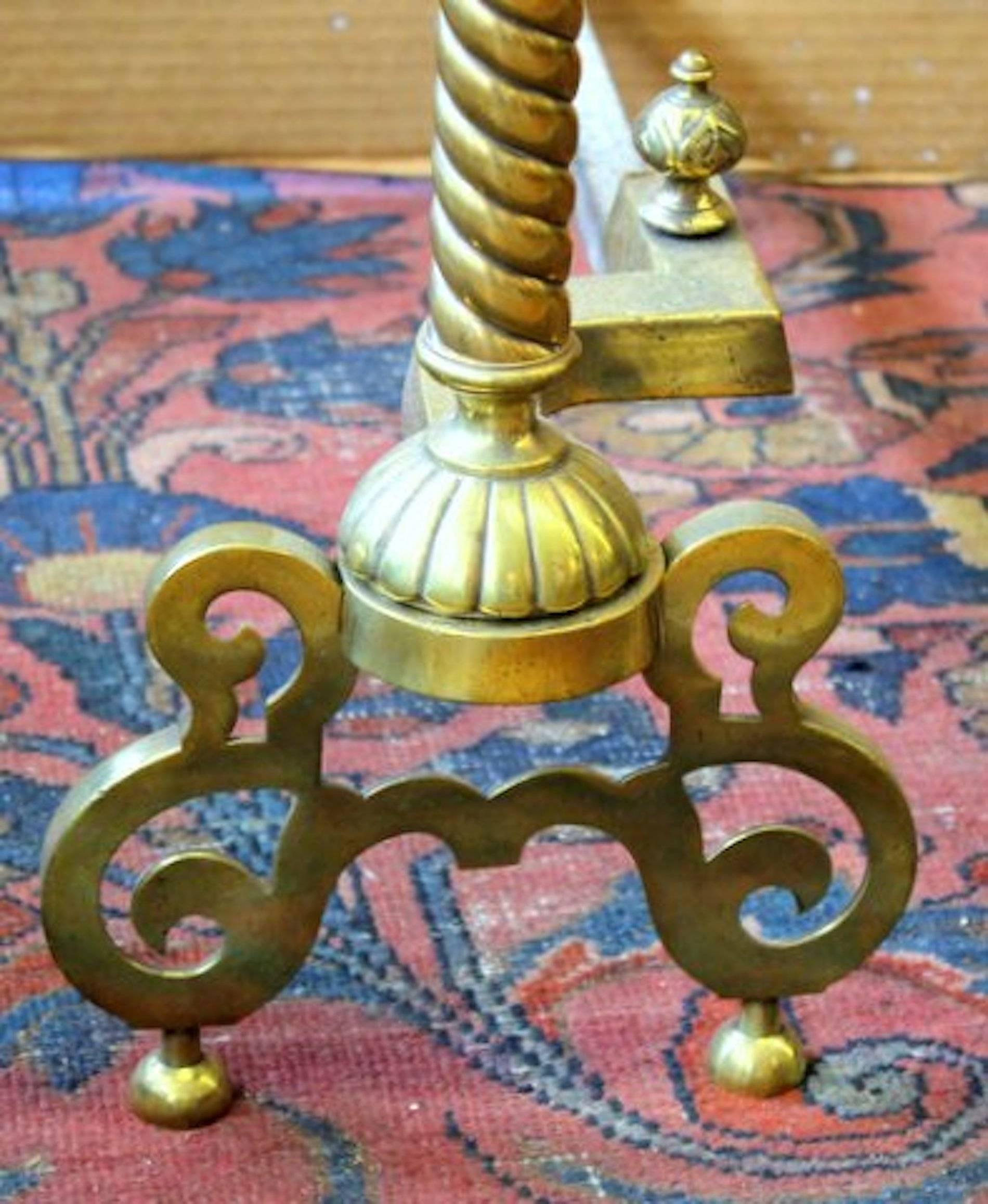 19th Century Pair of Antique American Cast Brass Andirons