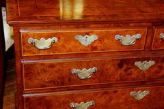 Antique English Inlaid Burr Walnut Queen Anne Revival Low Chest of Drawers