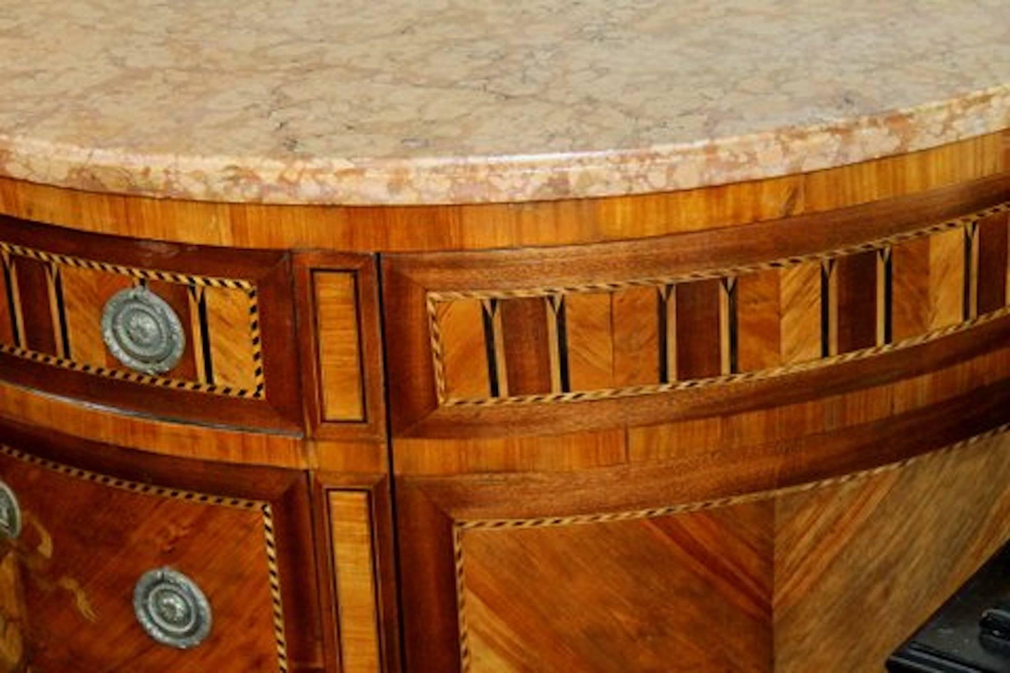Antique French Louis XVI Style Marquetry Inlaid Marble-Top Demilune Commode In Excellent Condition In Charleston, SC