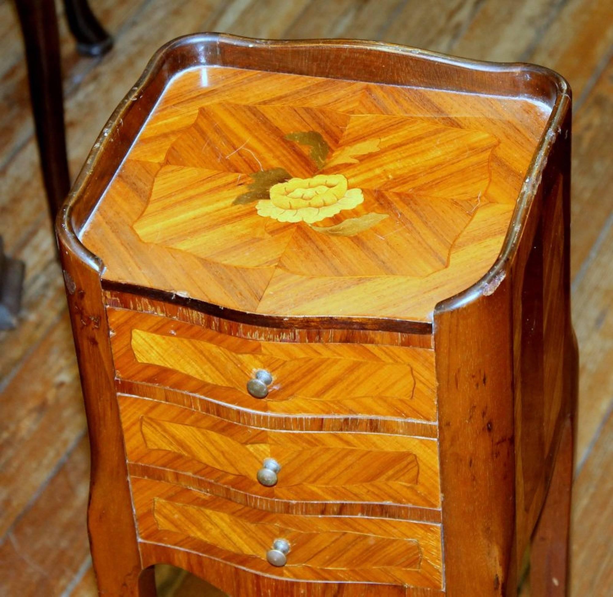Old French Louis XV Style Marquetry Inlaid Kingwood Diminutive Bedside Table 1