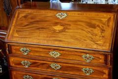 Antique English Inlaid Flame Mahogany Geo. III Chippendale Slant-Front Bureau