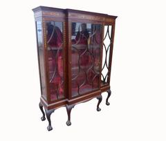 Antique English Marquetry Inlaid Mahogany Chippendale Style Display Cabinet