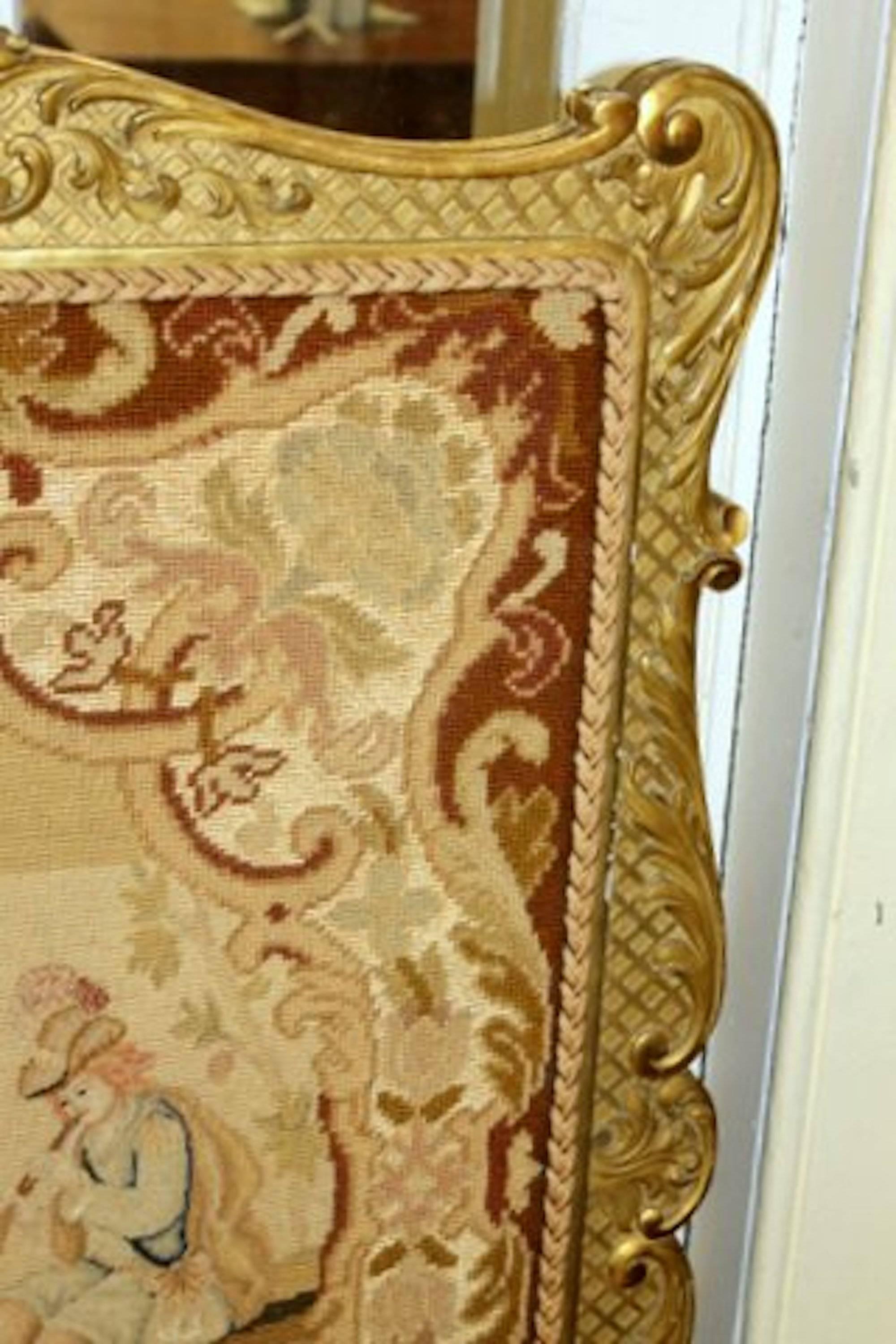 Antique French Louis XV Style Carved Giltwood and Needlepoint Fire-Screen In Good Condition In Charleston, SC