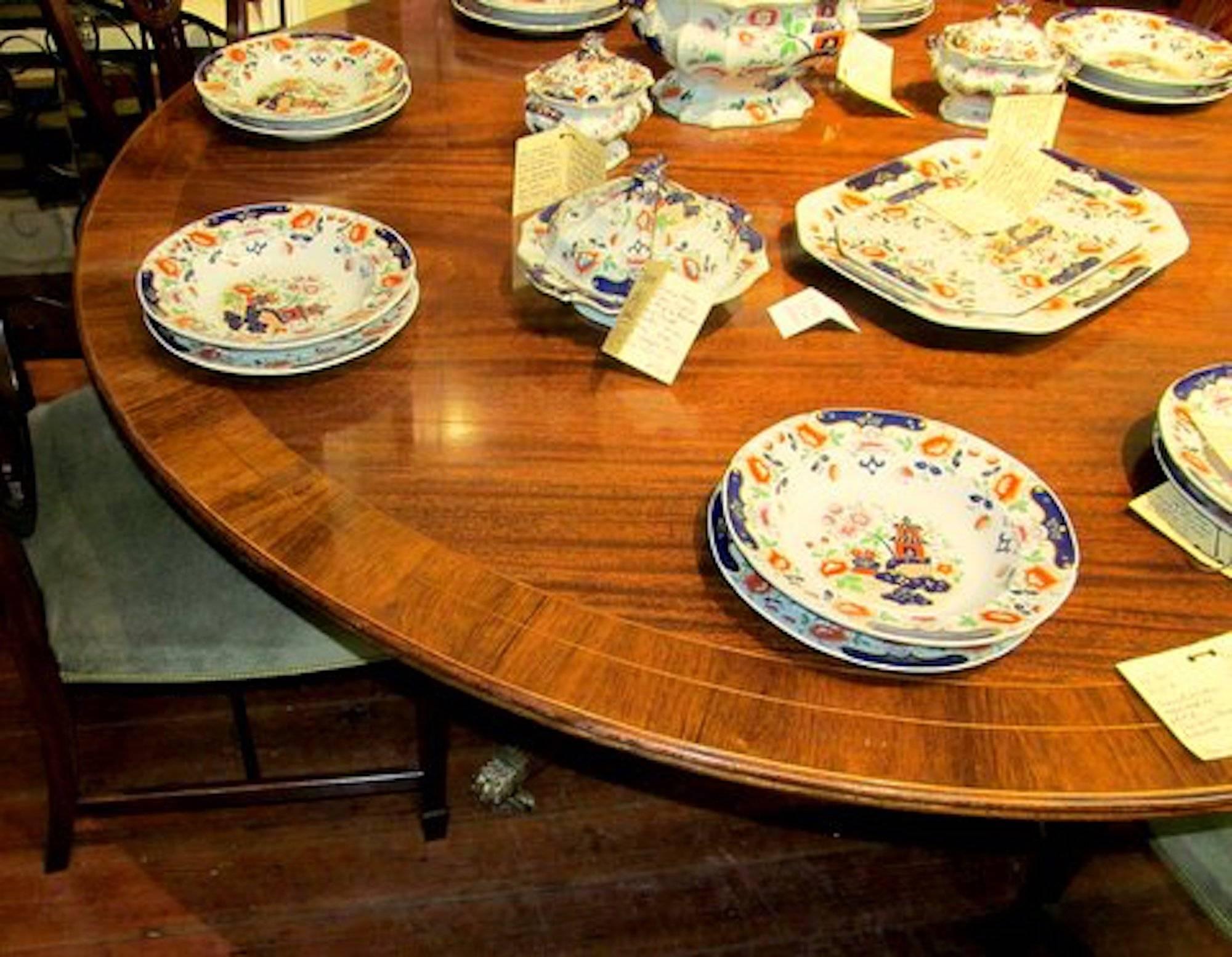 Old English Sheraton Style Inlaid Figured Solid Mahogany Circular Dining Table 2