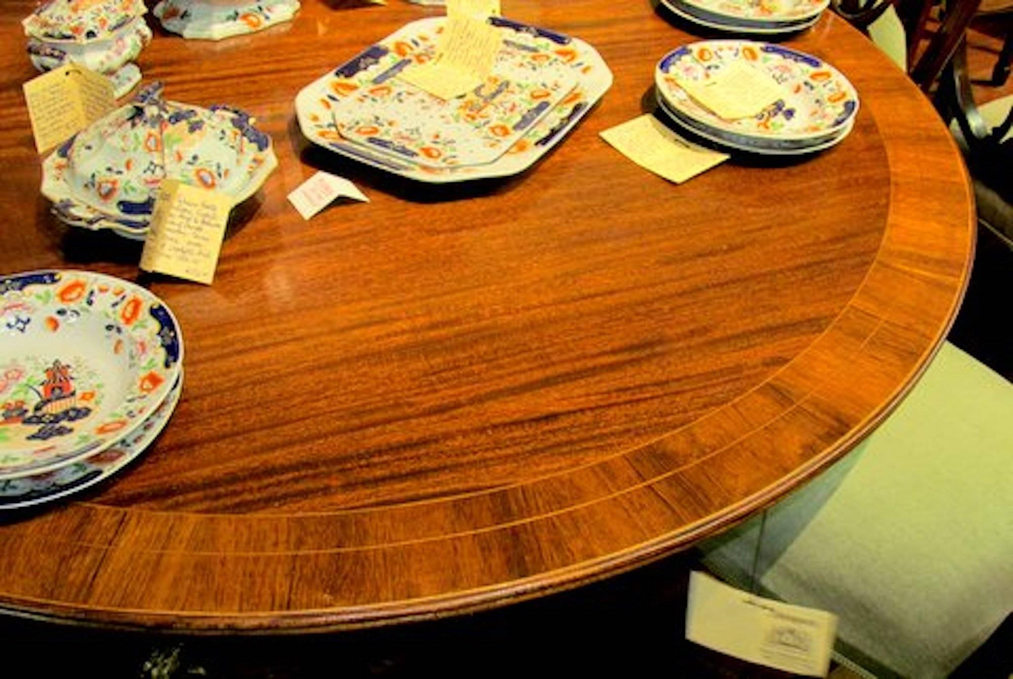 Old English Sheraton Style Inlaid Figured Solid Mahogany Circular Dining Table 1