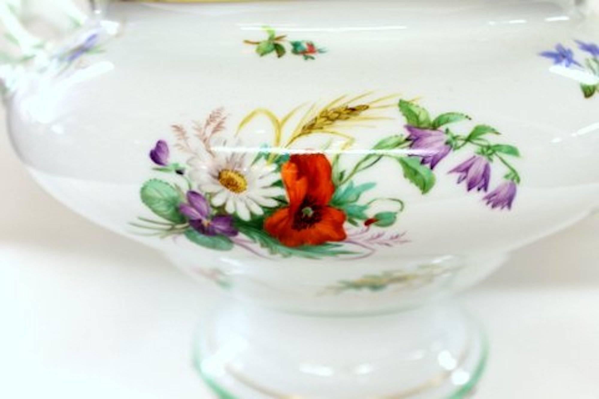 Continental Hand-Painted Porcelain Soup Tureen with Botanicals and Insects In Excellent Condition For Sale In Charleston, SC