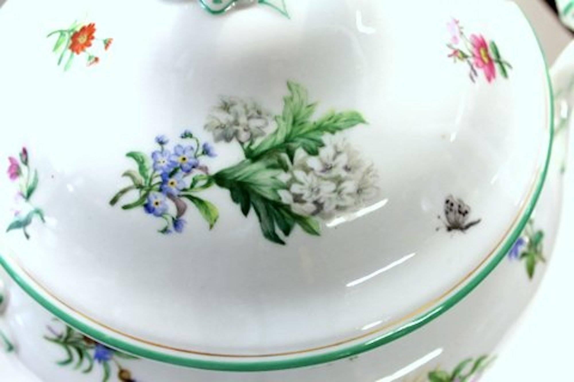 English Continental Hand-Painted Porcelain Soup Tureen with Botanicals and Insects For Sale