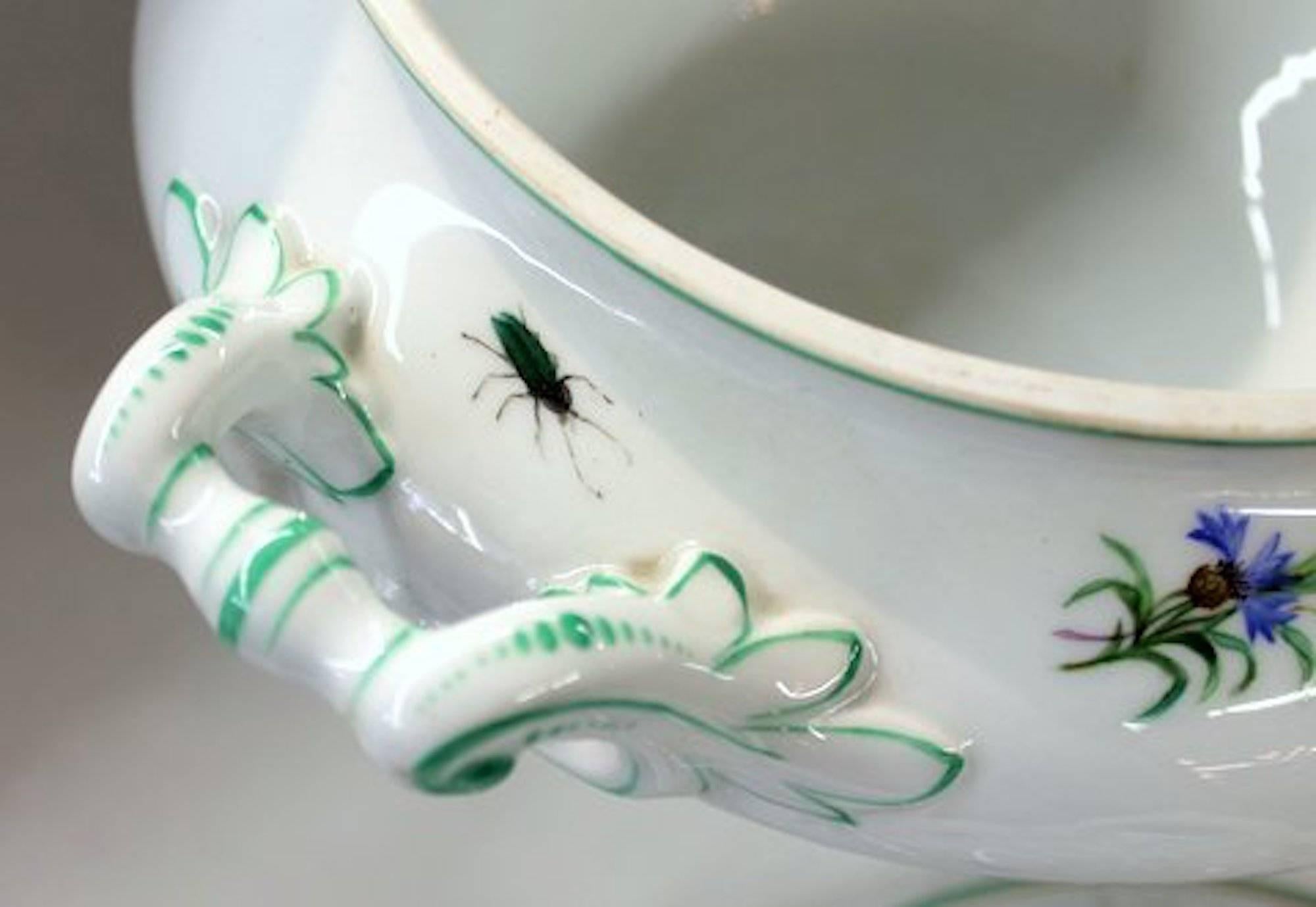 19th Century Continental Hand-Painted Porcelain Soup Tureen with Botanicals and Insects For Sale