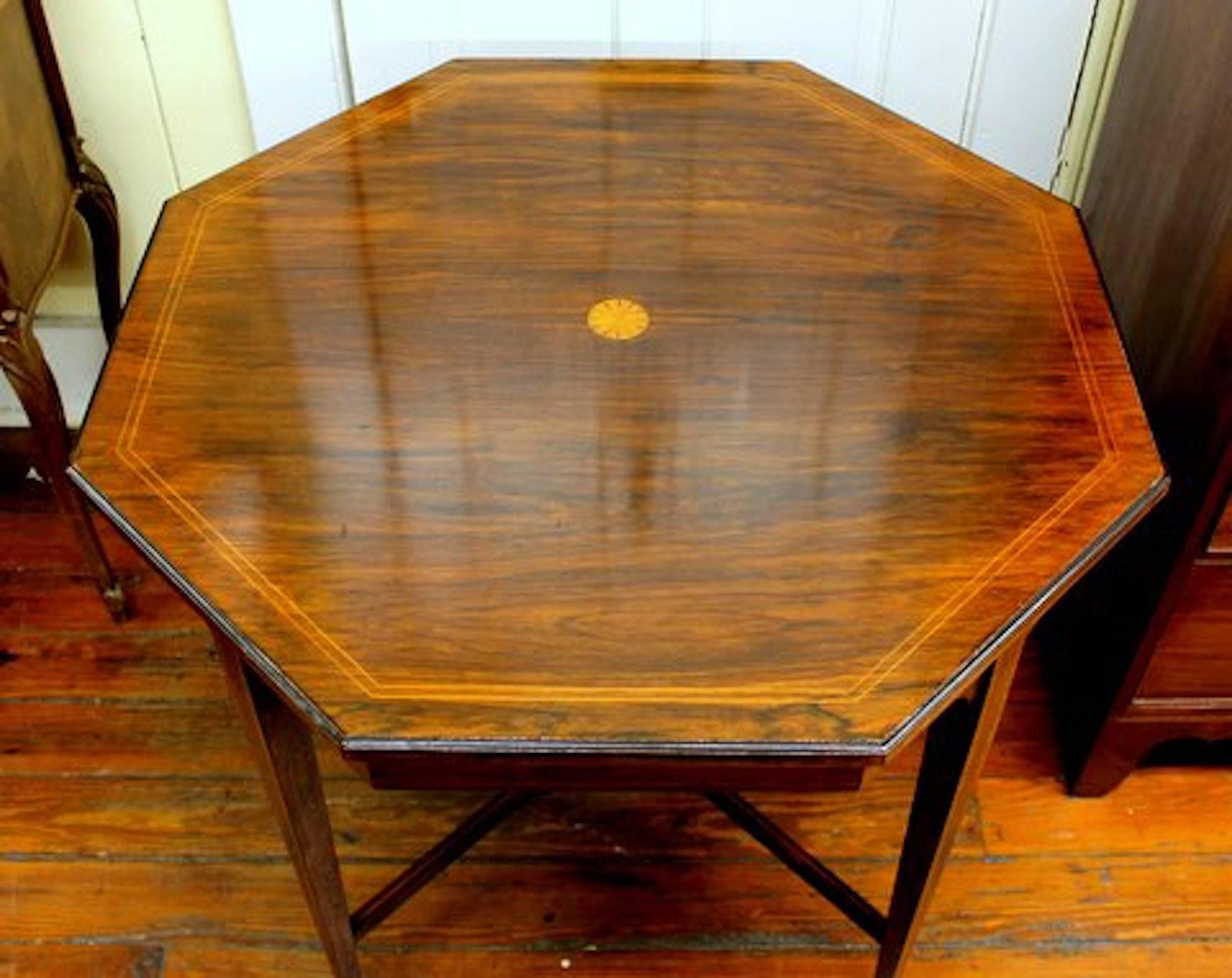Rare and important antique English James Shoolbred (London) inlaid rosewood octagonal shape occasional or games table

