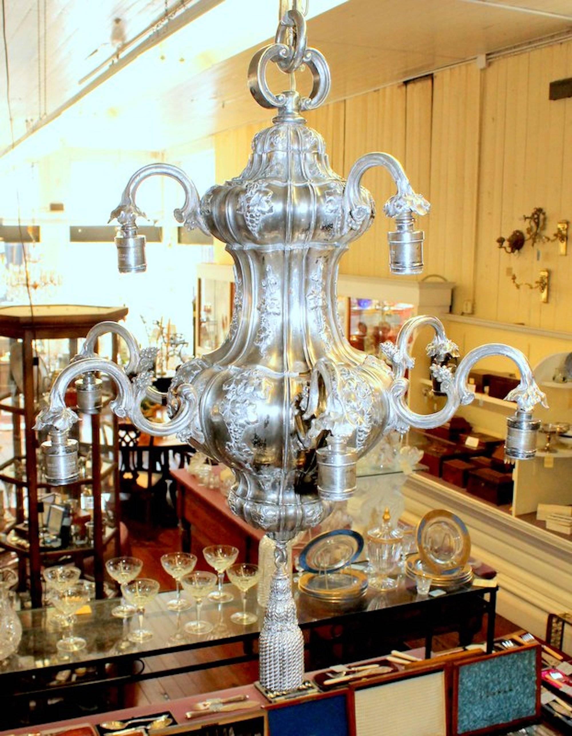 Antique American Silver Plated Bronze E.F. Caldwell Nine-Light Chandelier In Good Condition In Charleston, SC