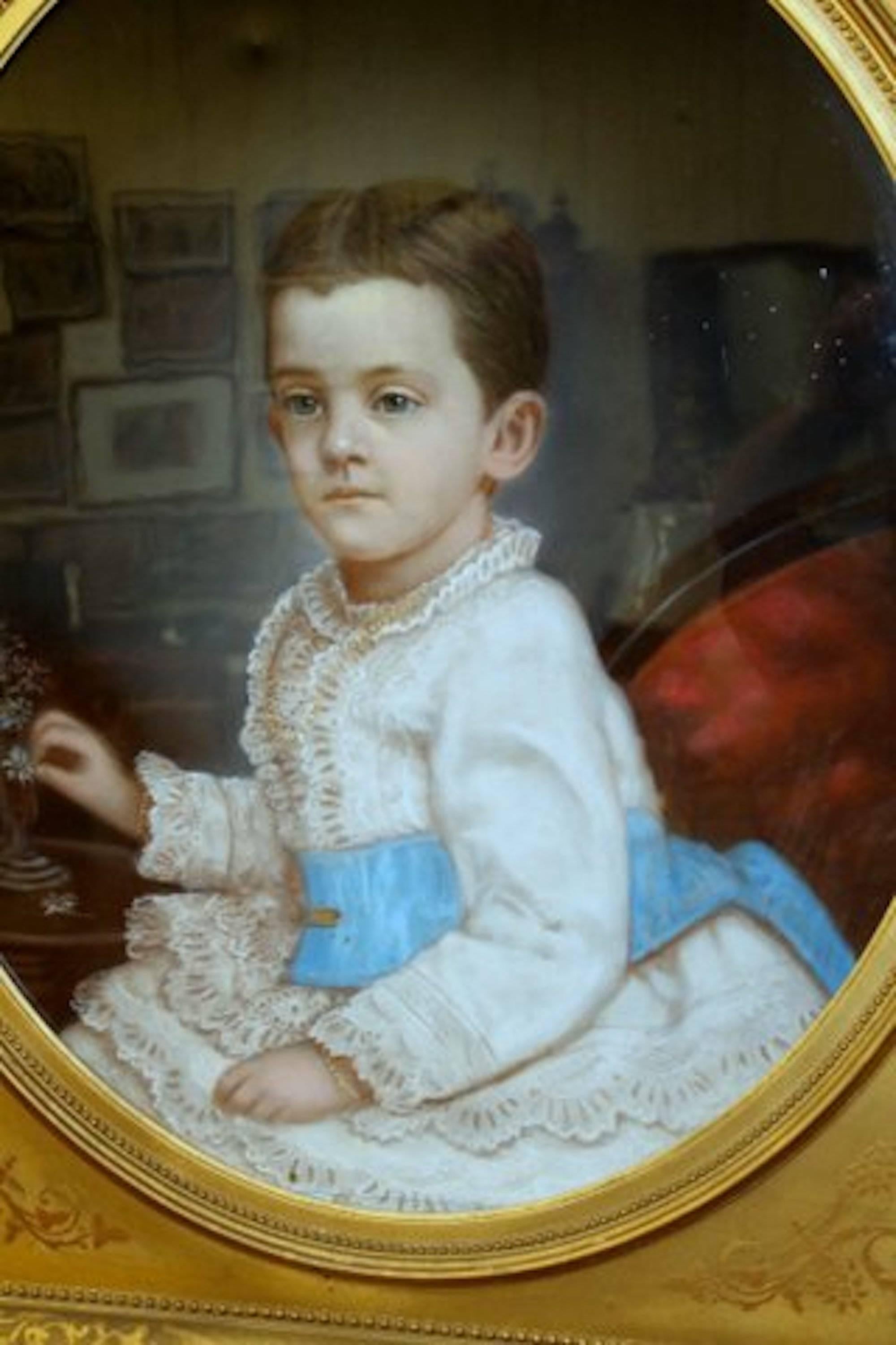 Fabulous antique French portrait of a young boy, original pastel, original frame (artist unknown and apparently unsigned)

Original gold leaf frame (some gilt loss noted) portrait is in pristine condition. It has been viewed beneath the frame and