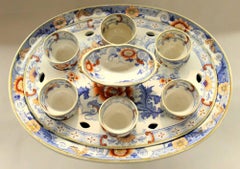 Antique English Earthenware or Ironstone Imari Decor Six Cup Egg Cruet on Stand