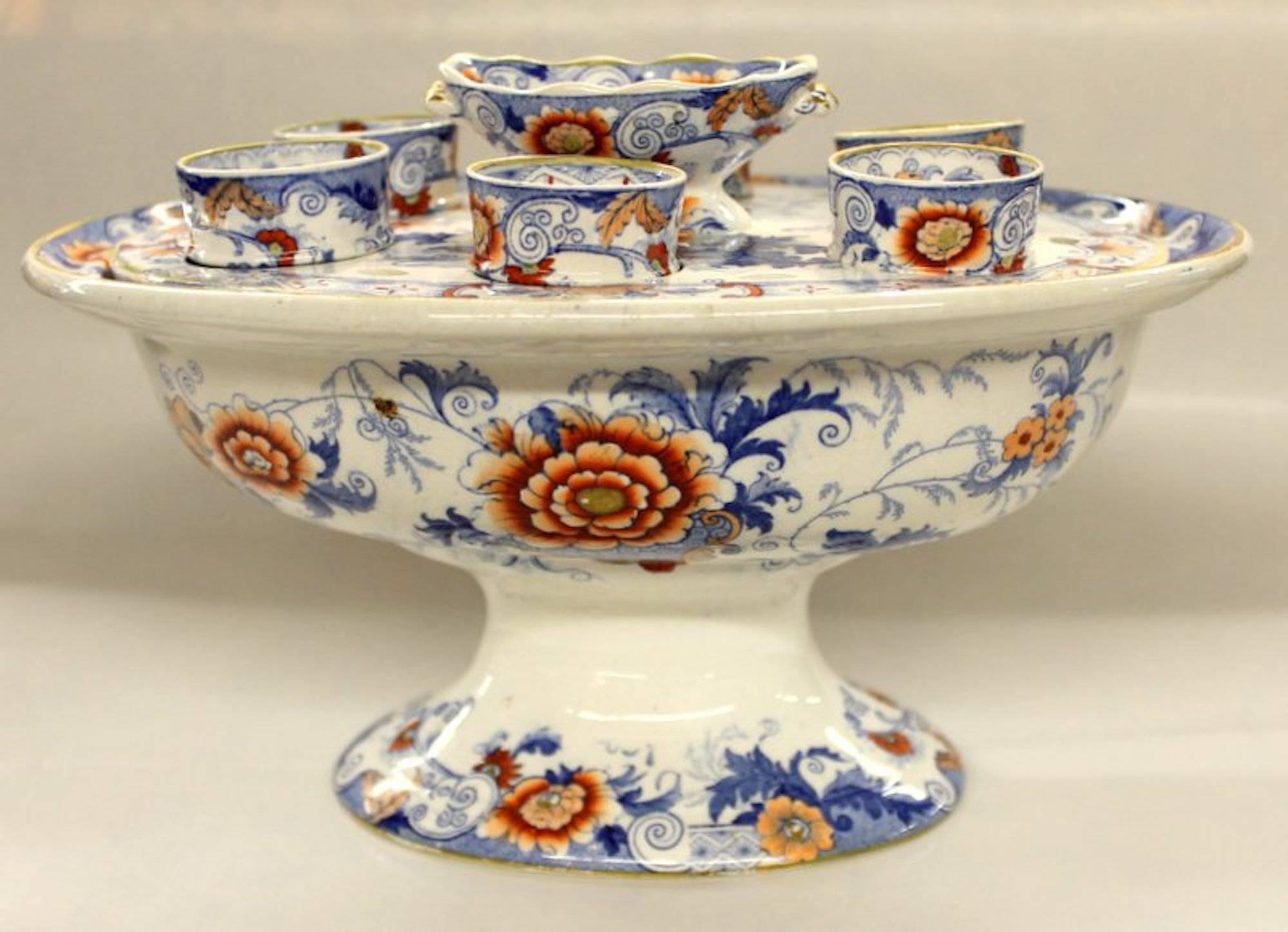 Antique English Earthenware or Ironstone Imari Decor Six Cup Egg Cruet on Stand In Good Condition In Charleston, SC