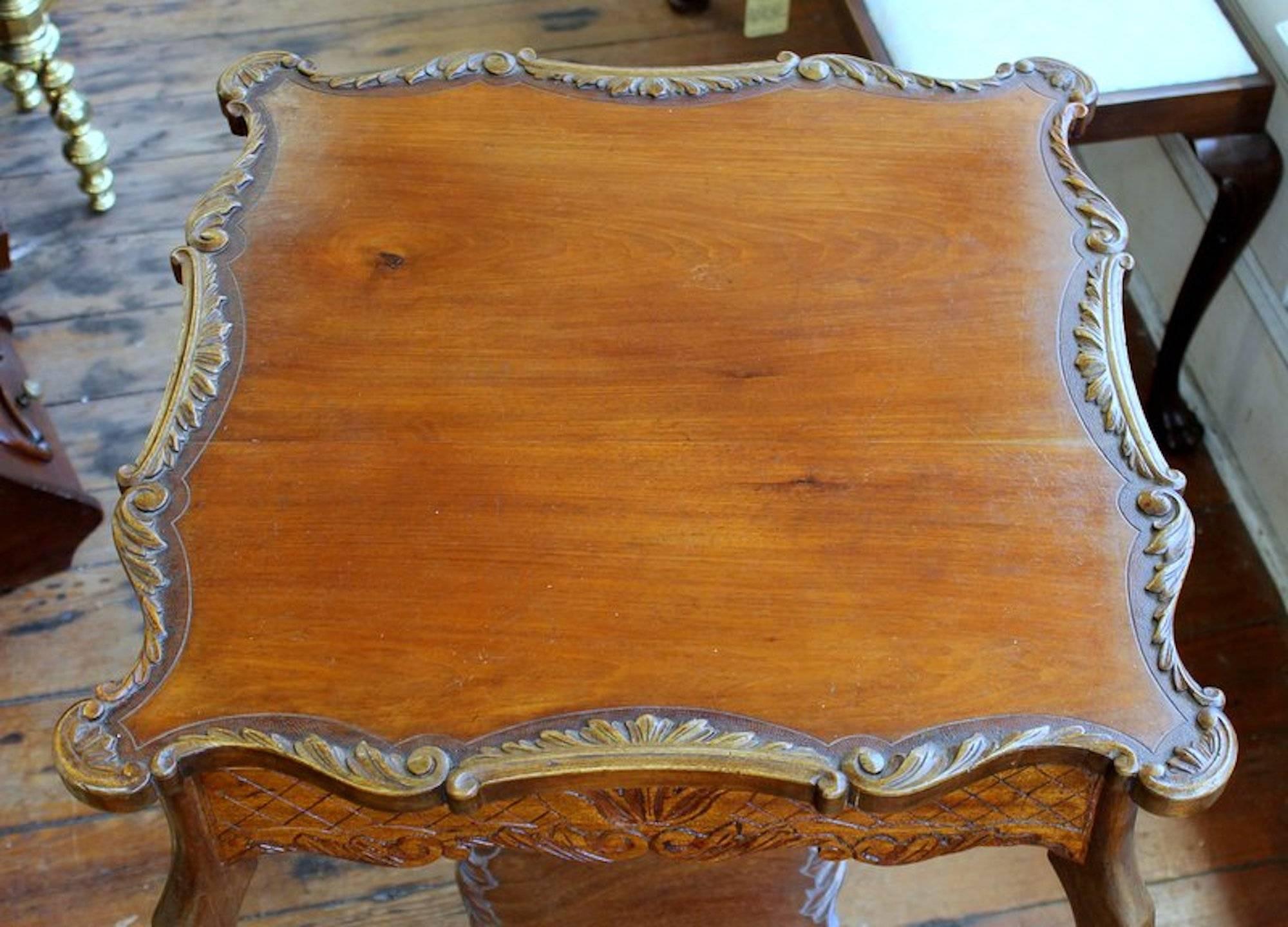 Antique English Hand-Carved Walnut Square Occasional Table For Sale 1