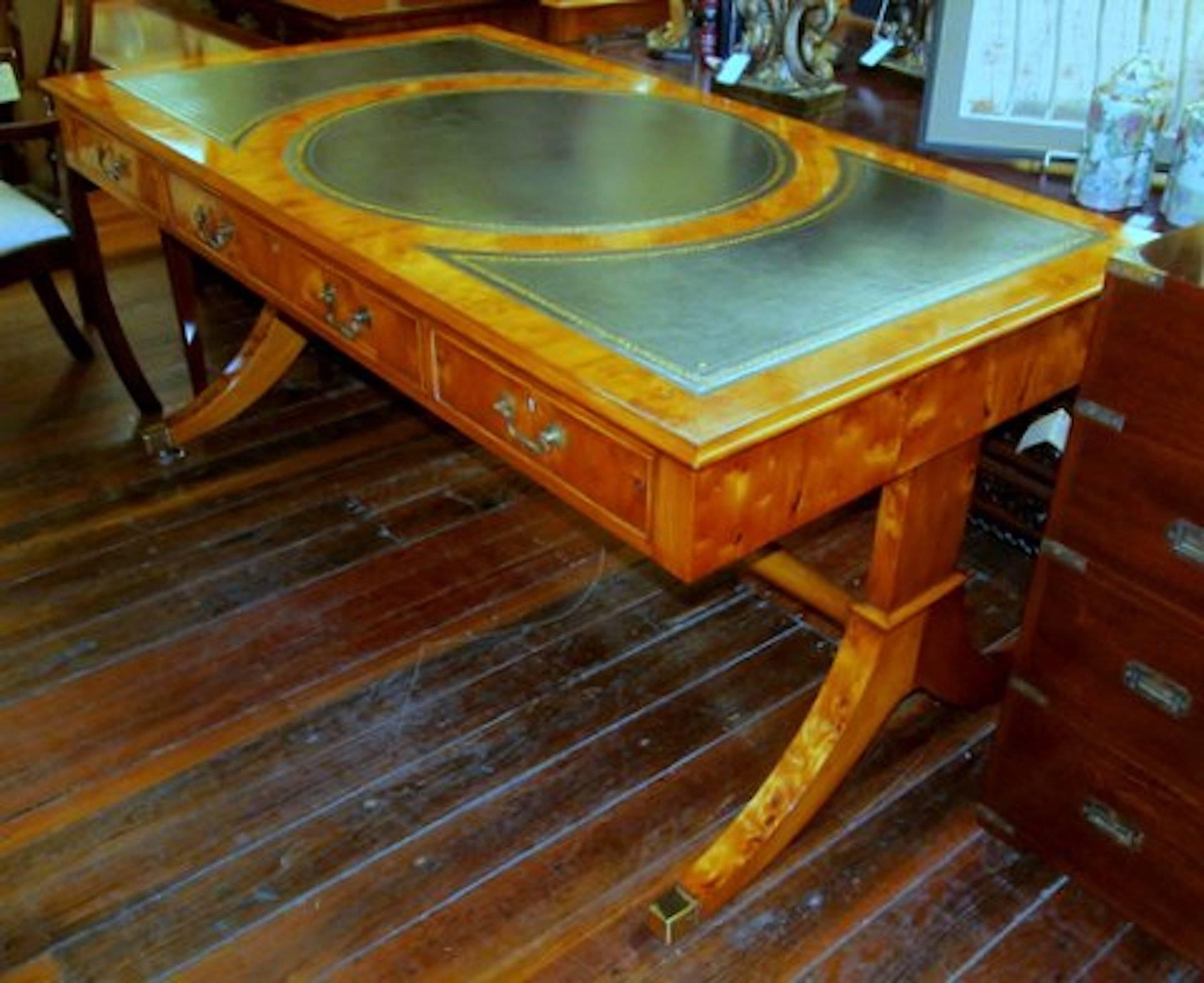 Regency English Bench Made Inlaid Yew Wood Partner's Bureau Plat Writing Table
