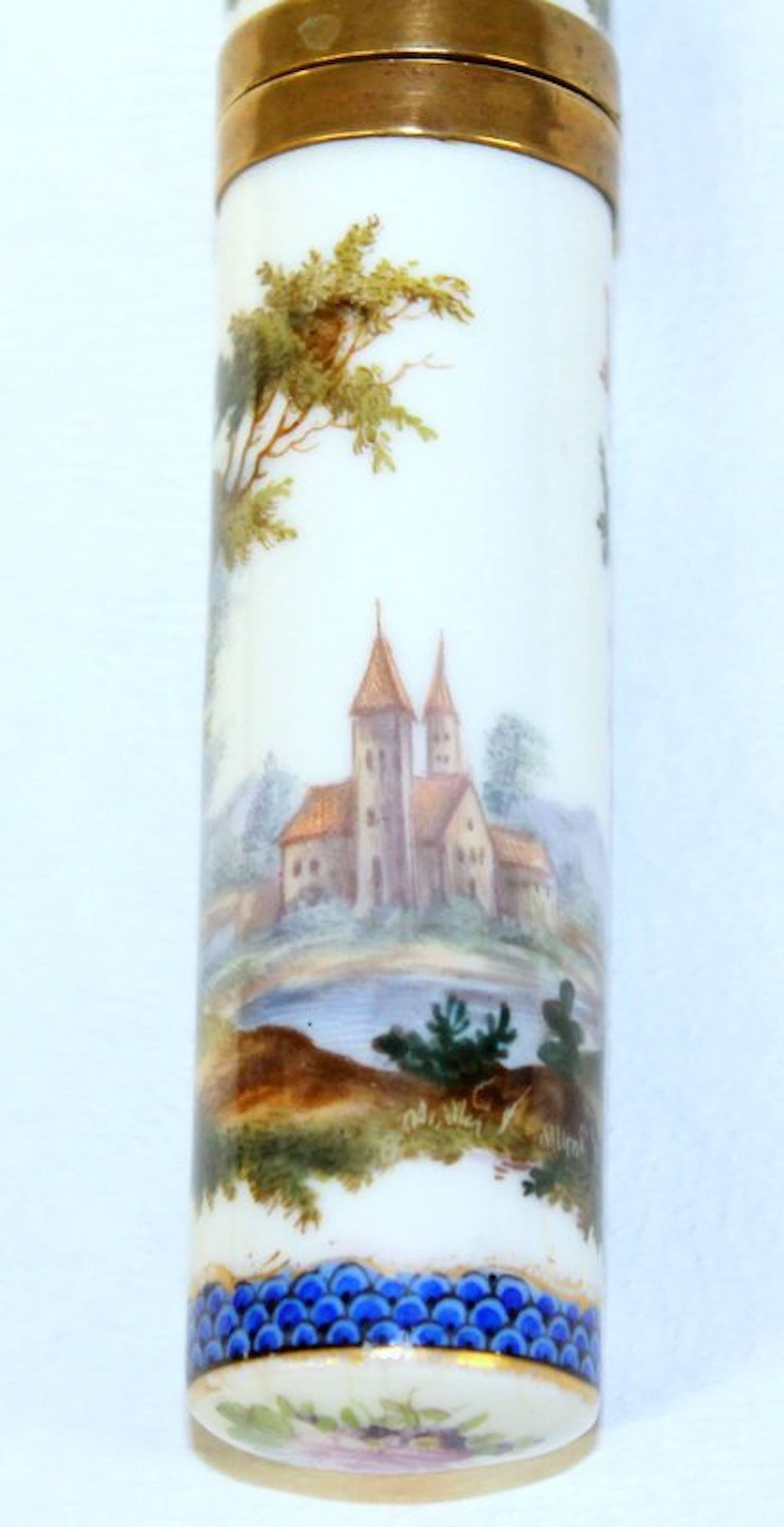 Antique English Hand-Painted Porcelain Bodkin or Billet-Doux Case In Good Condition For Sale In Charleston, SC