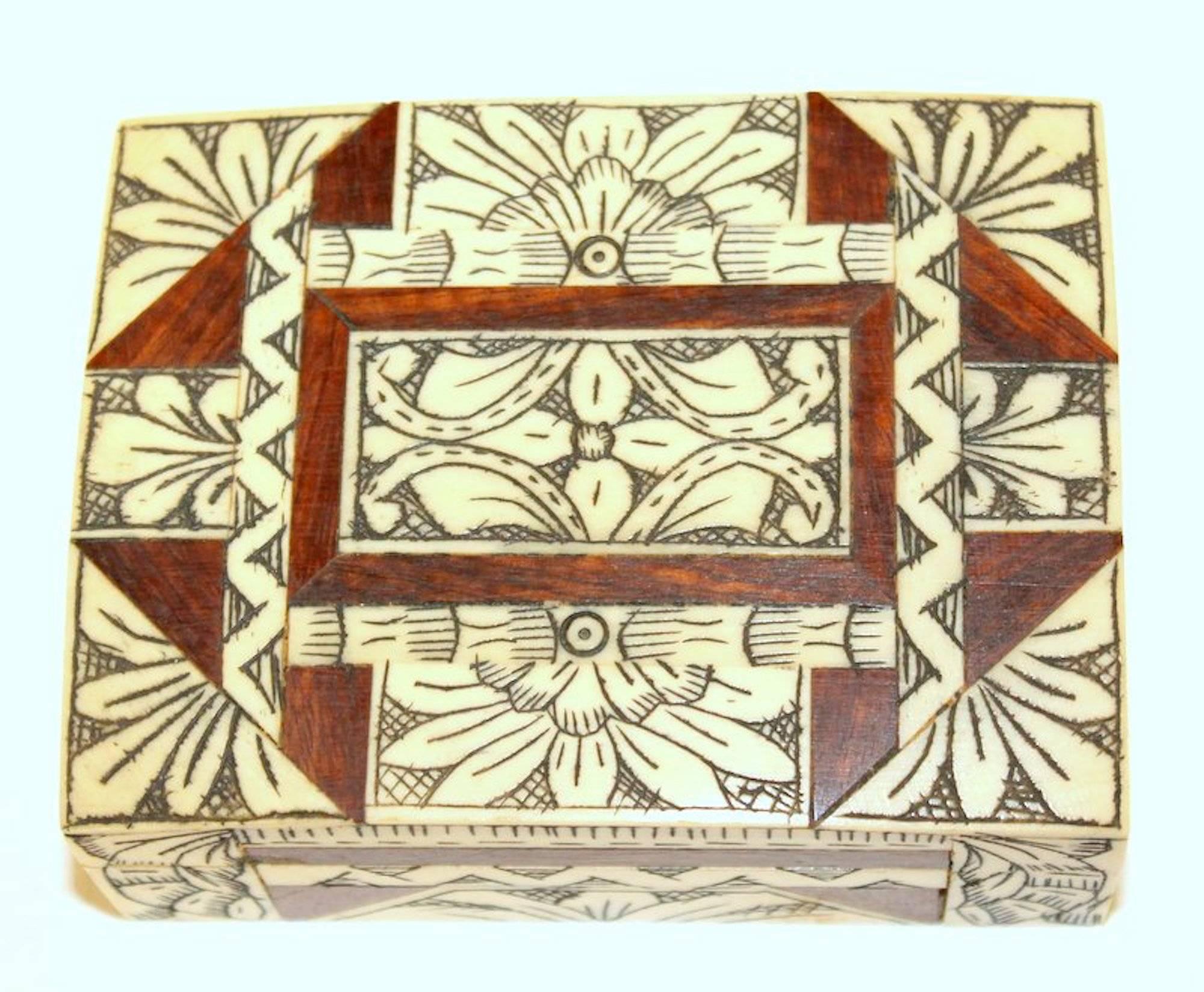 Old Anglo-Indian Carved Bone, Rosewood and Mahogany Hinged Box 1