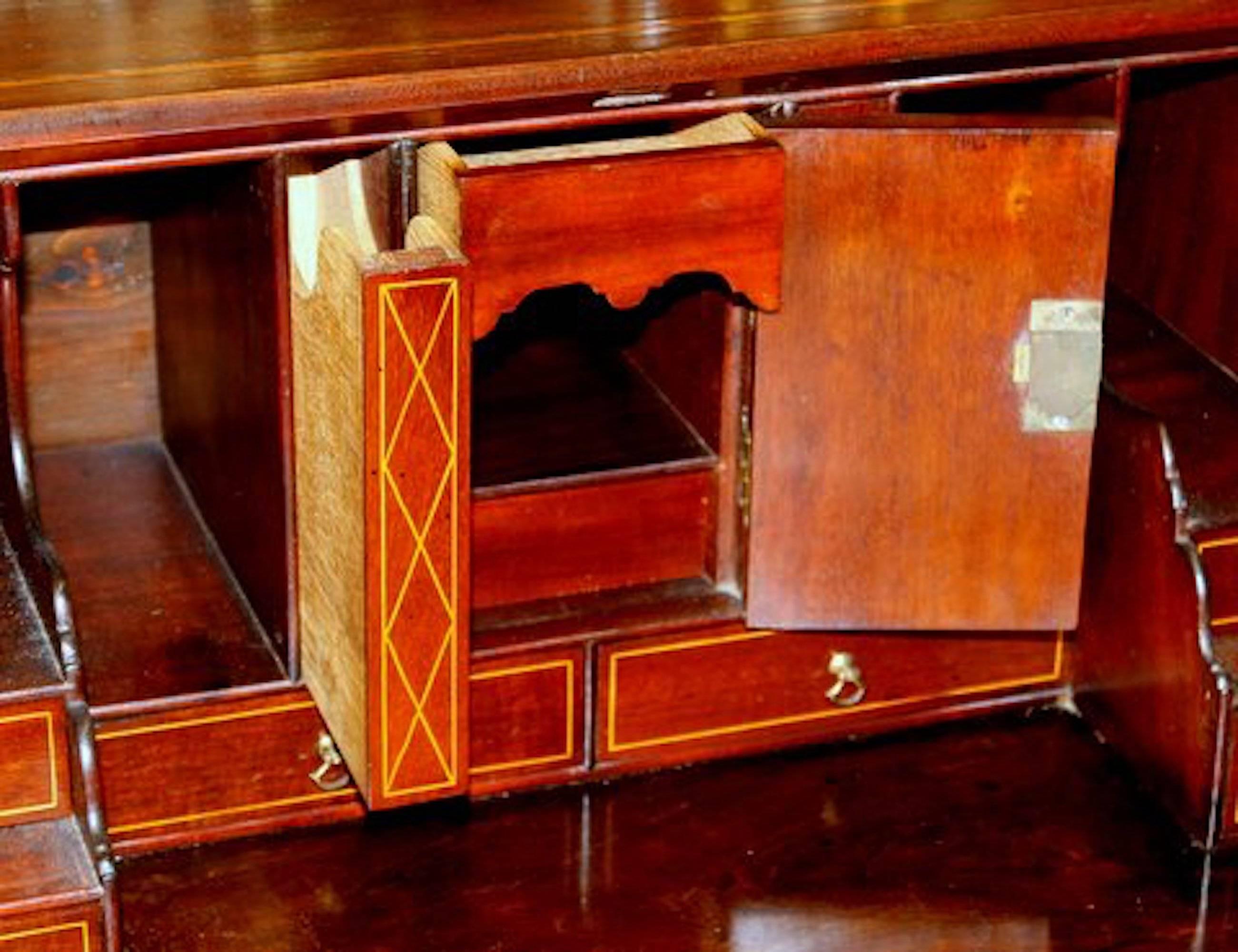 Inlay Antique English Inlaid Figured Mahogany Georgian Style Small Slant-Front Bureau For Sale