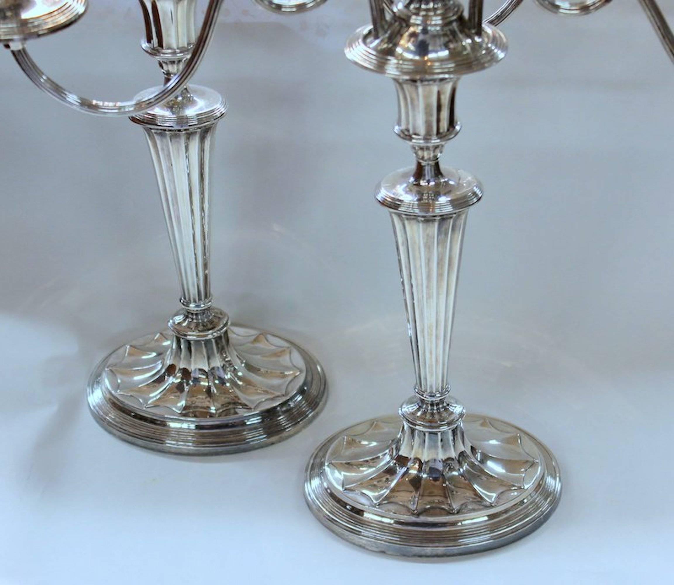 Pair of George III Old Sheffield plate Adam style three-light candelabra with superb oval 