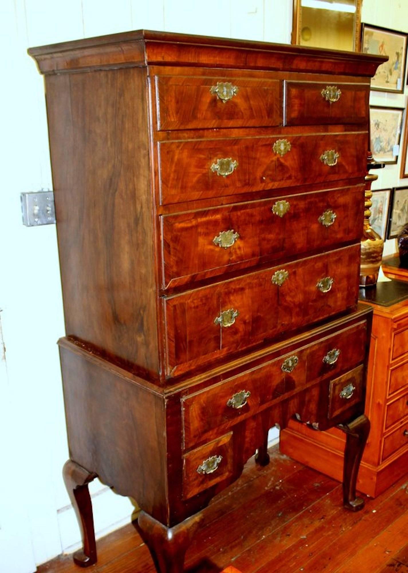 Brass Antique English George II/III Queen Anne Style Chest on Stand or Highboy