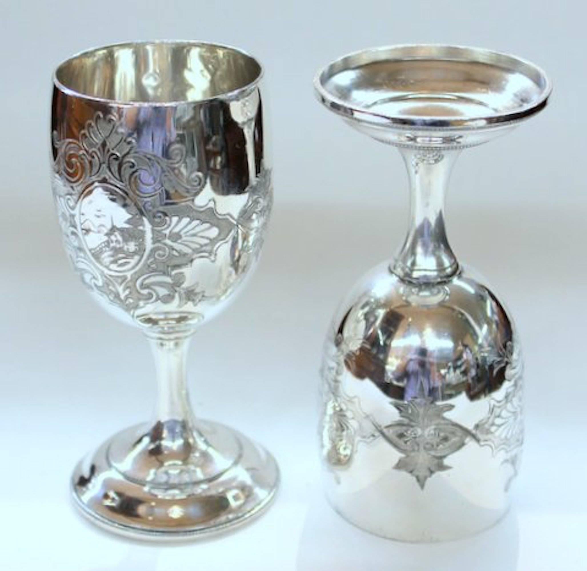 Pair of Antique American Silver Plate Goblets, Simpson, Hall and Miller, CT In Excellent Condition In Charleston, SC