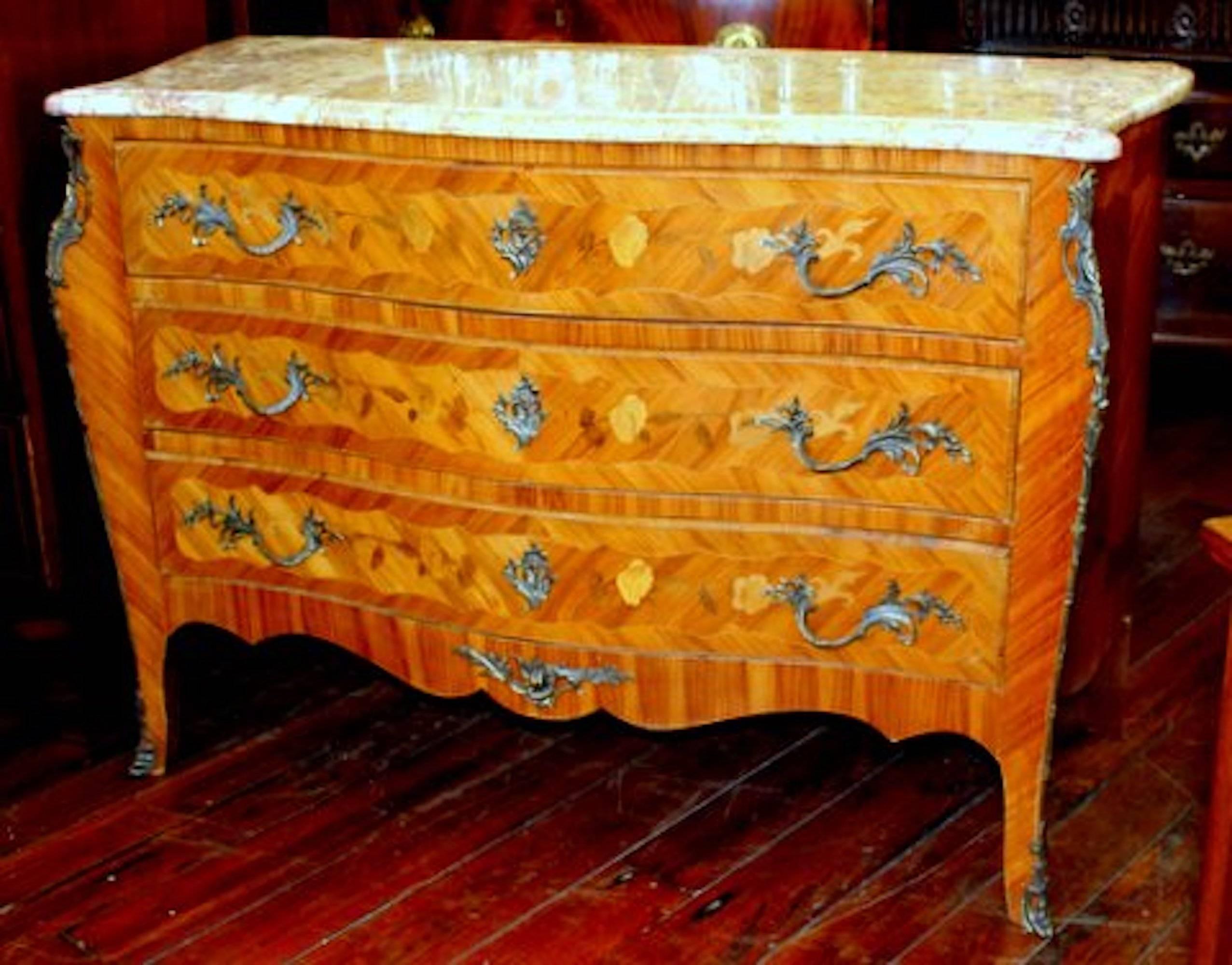 Fabulous quality old French marquetry inlaid Louis XV style inlaid kingwood marble-top commode with ormolu mounts. Please note exceptional inlays throughout. Marble and chest are both in excellent condition, circa 1890-1910.