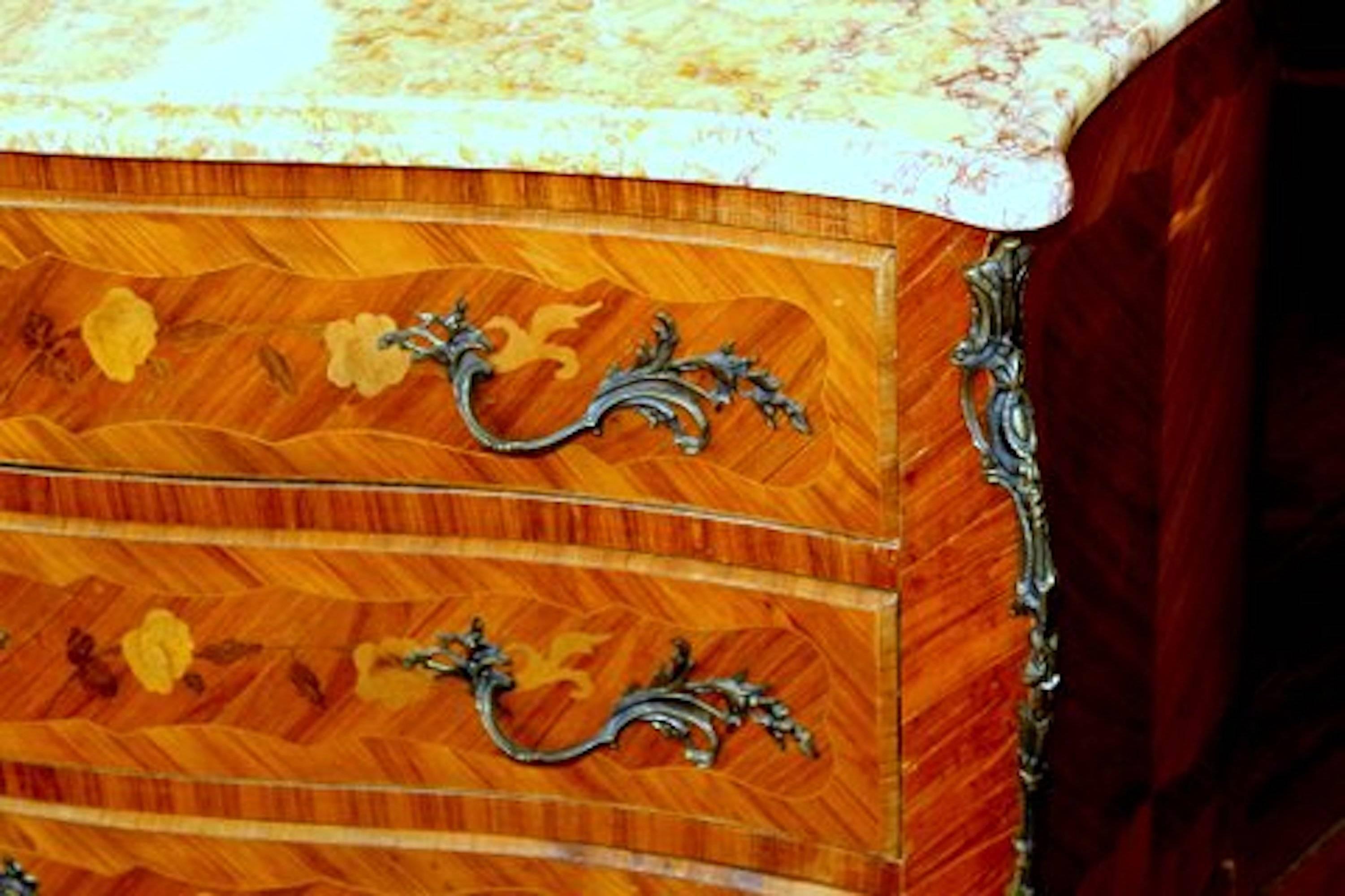 Inlay Old French Louis XV Style Marquetry Inlaid Kingwood Marble-Top Commode